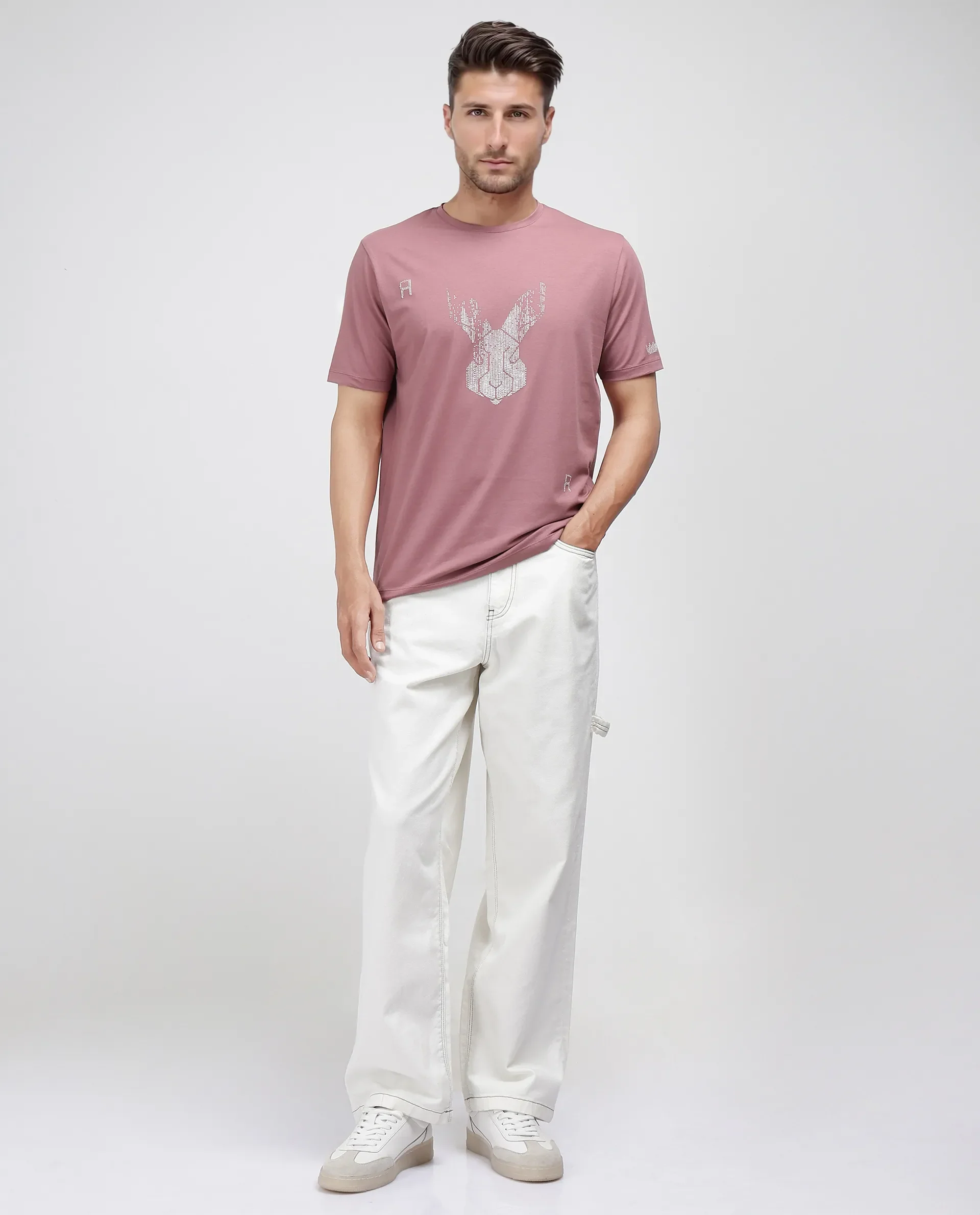 Rare Rabbit Men's Log Dusky Pink Cotton Blend Graphic Print Regular Fit Half Sleeve Crew Neck T-Shirt - Image 2