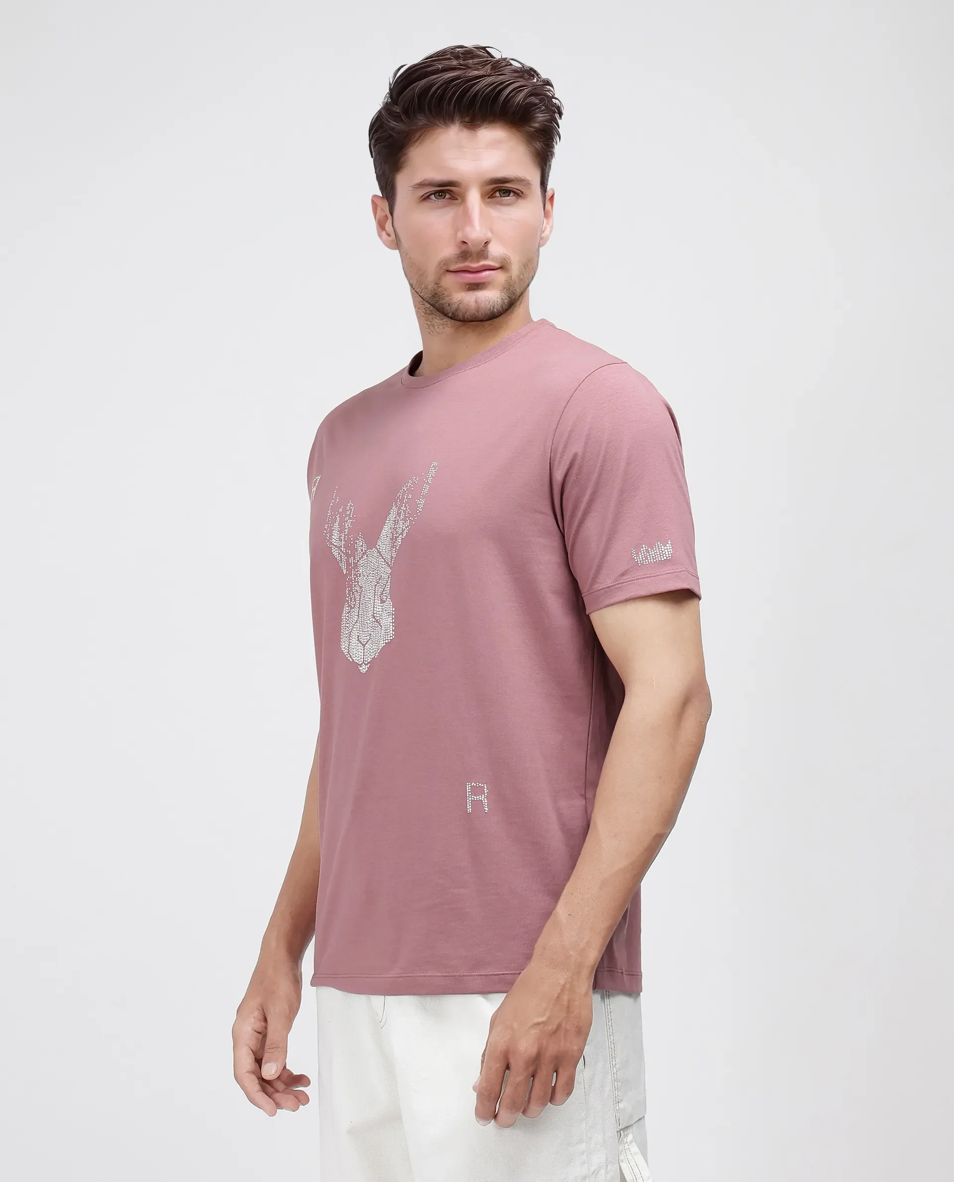 Rare Rabbit Men's Log Dusky Pink Cotton Blend Graphic Print Regular Fit Half Sleeve Crew Neck T-Shirt - Image 6