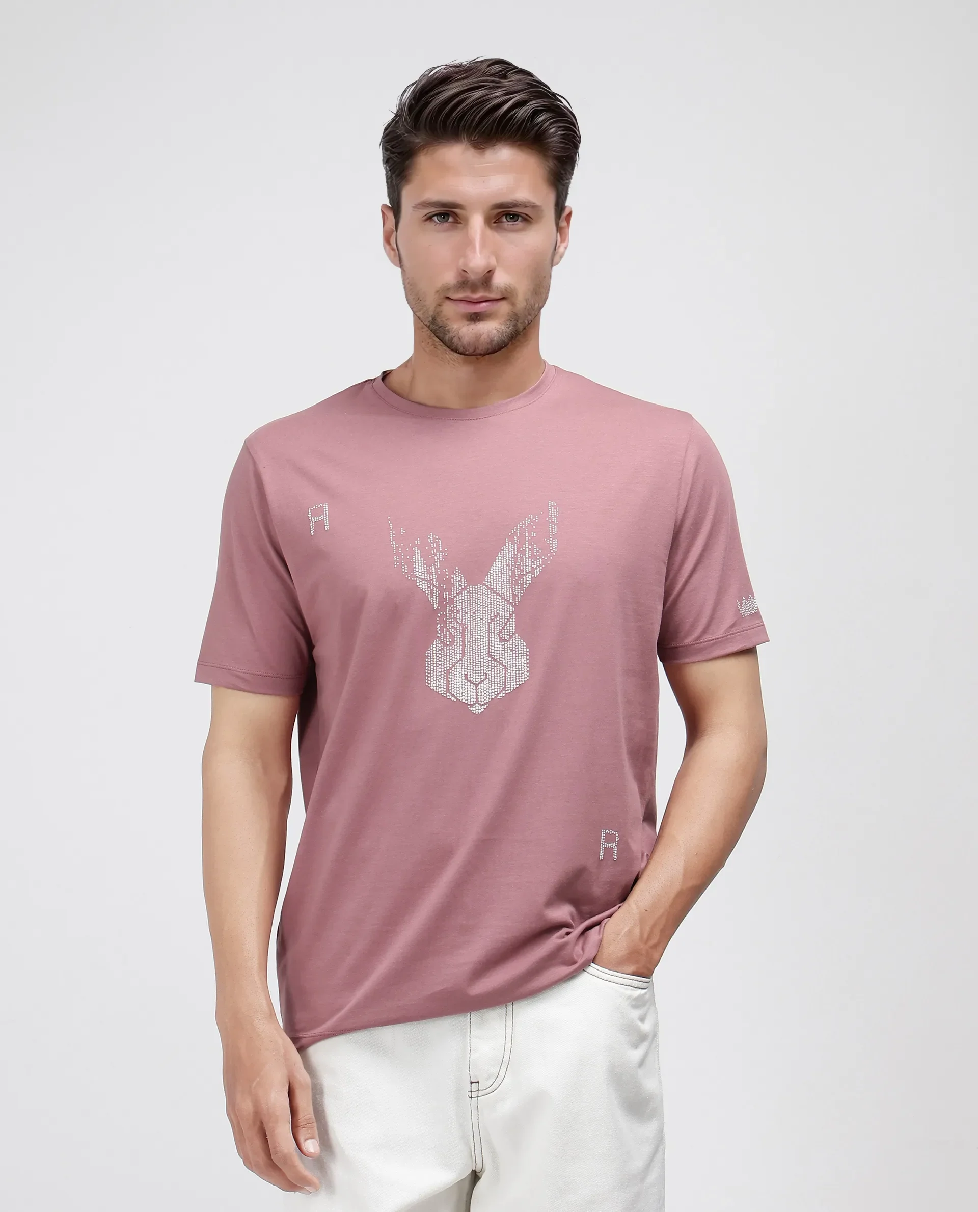 Rare Rabbit Men's Log Dusky Pink Cotton Blend Graphic Print Regular Fit Half Sleeve Crew Neck T-Shirt - Image 8