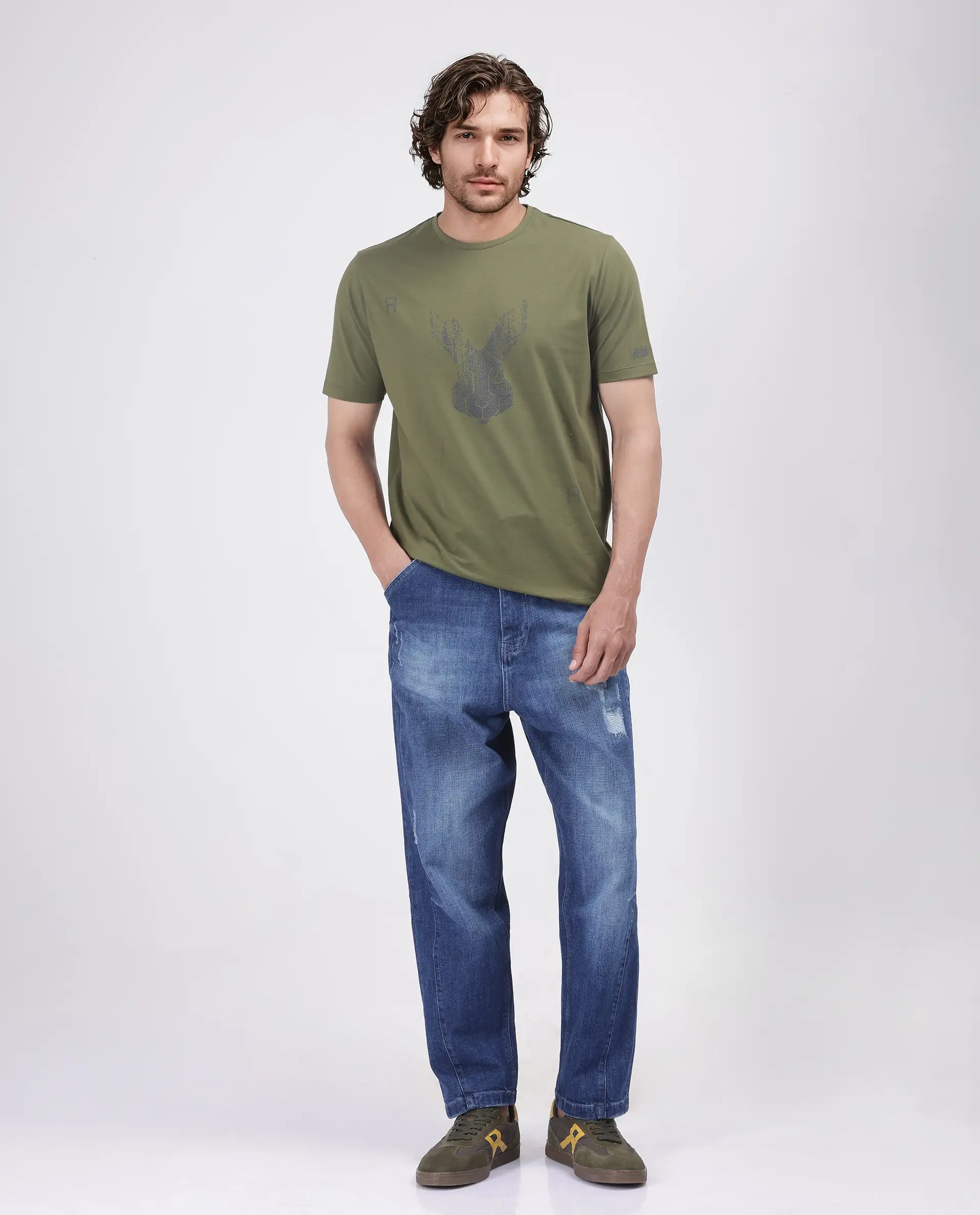 Rare Rabbit Men's Log Green Cotton Blend Graphic Print Regular Fit Half Sleeve Crew Neck T-Shirt - Image 2