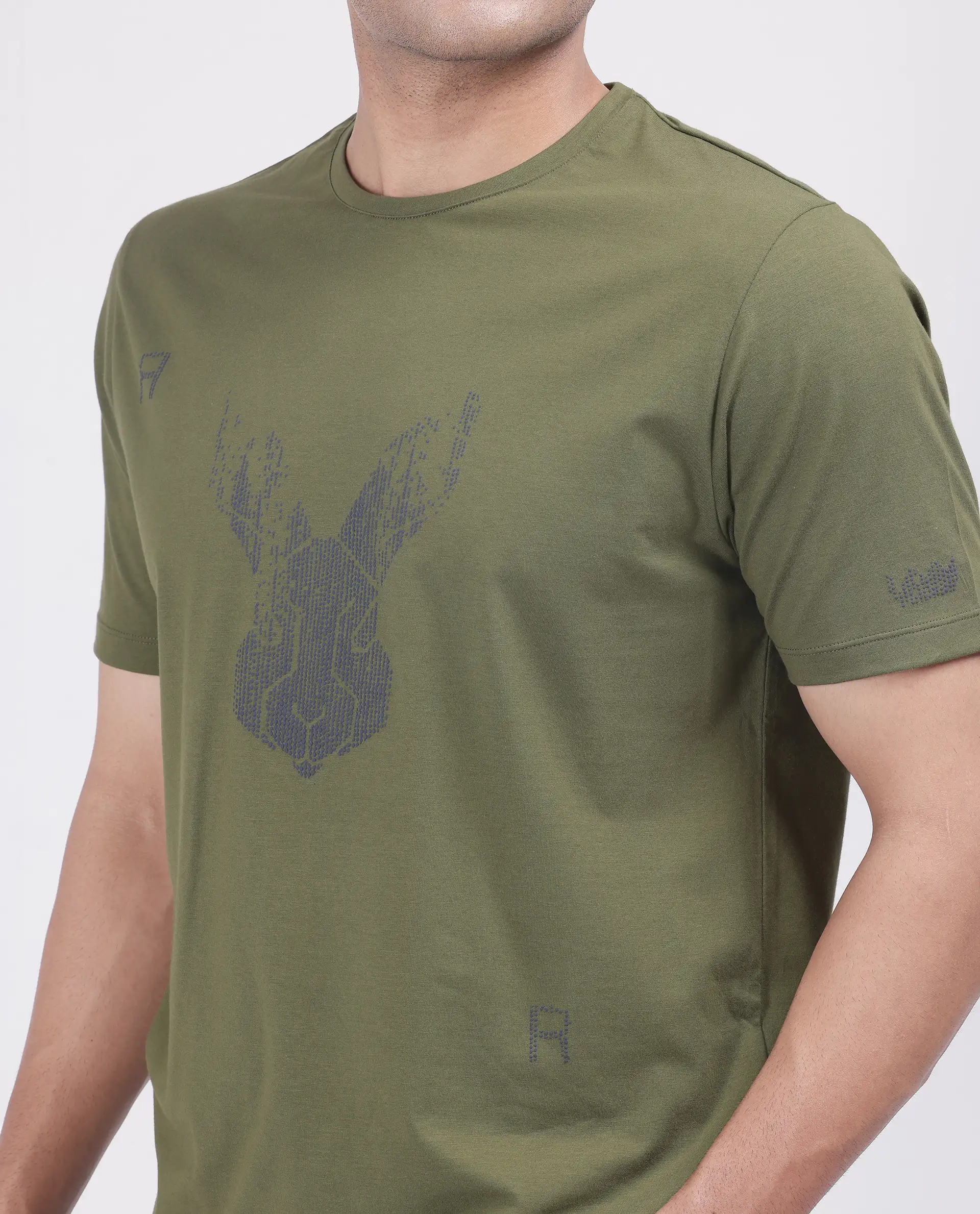 Rare Rabbit Men's Log Green Cotton Blend Graphic Print Regular Fit Half Sleeve Crew Neck T-Shirt - Image 3
