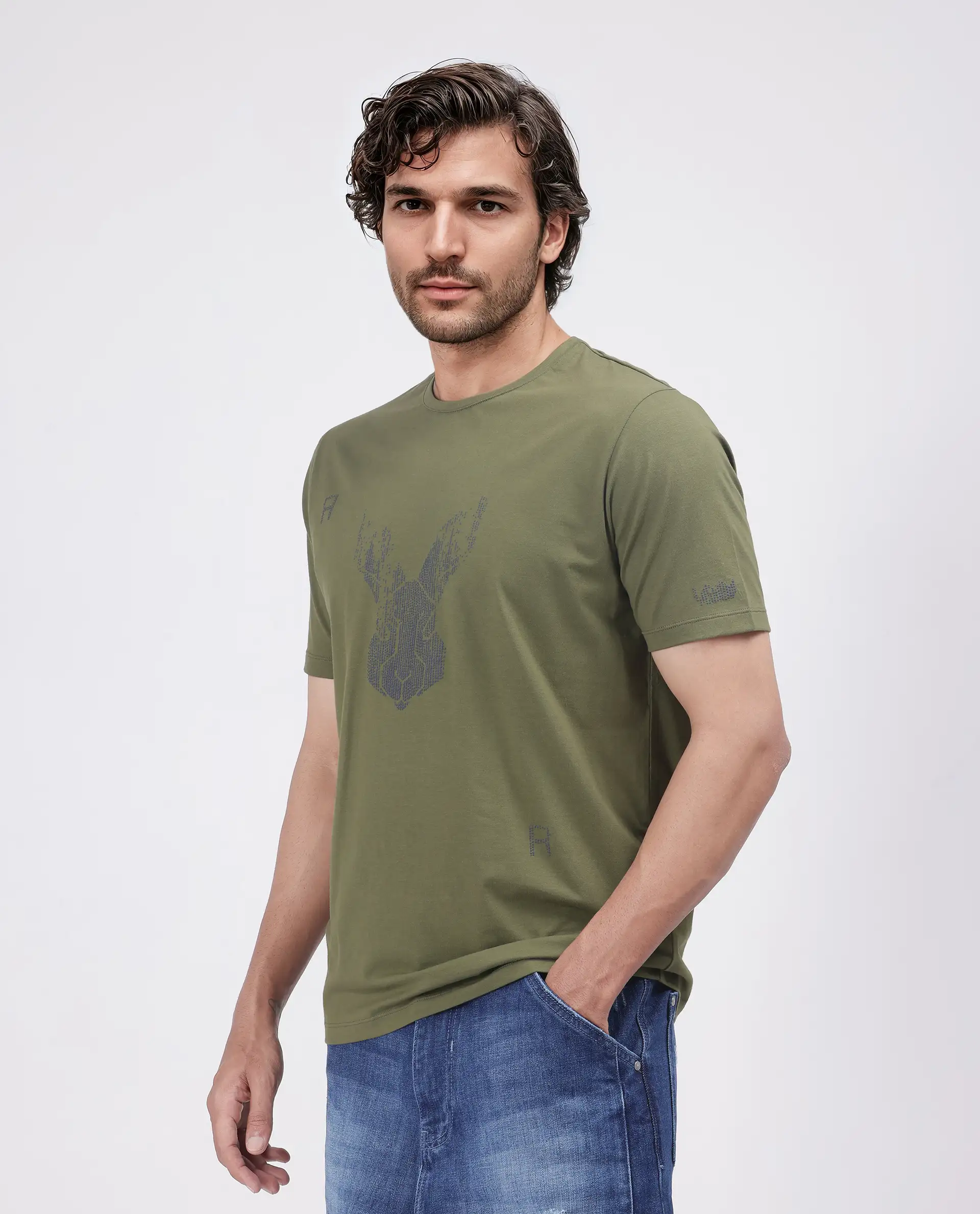 Rare Rabbit Men's Log Green Cotton Blend Graphic Print Regular Fit Half Sleeve Crew Neck T-Shirt - Image 5