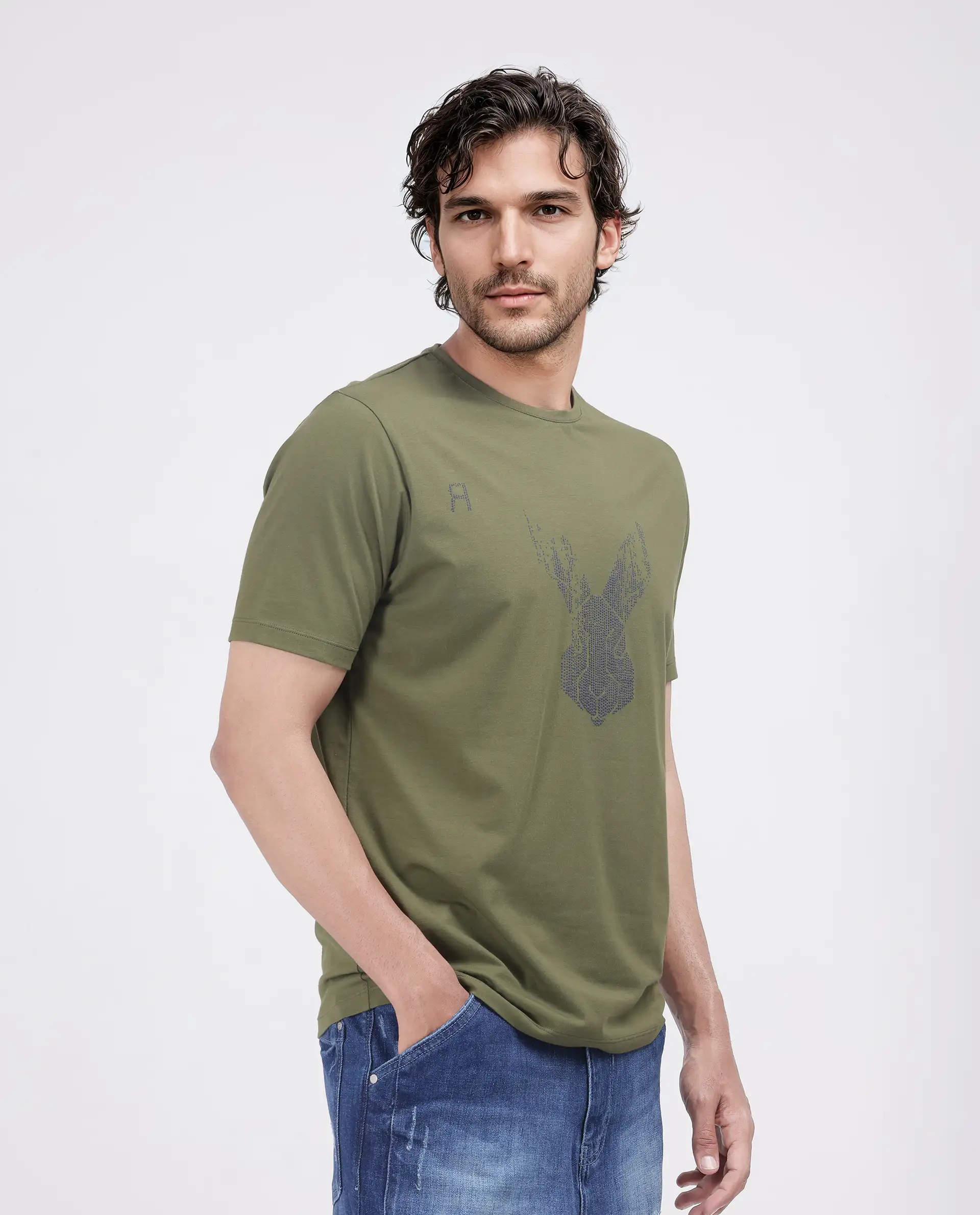 Rare Rabbit Men's Log Green Cotton Blend Graphic Print Regular Fit Half Sleeve Crew Neck T-Shirt - Image 6
