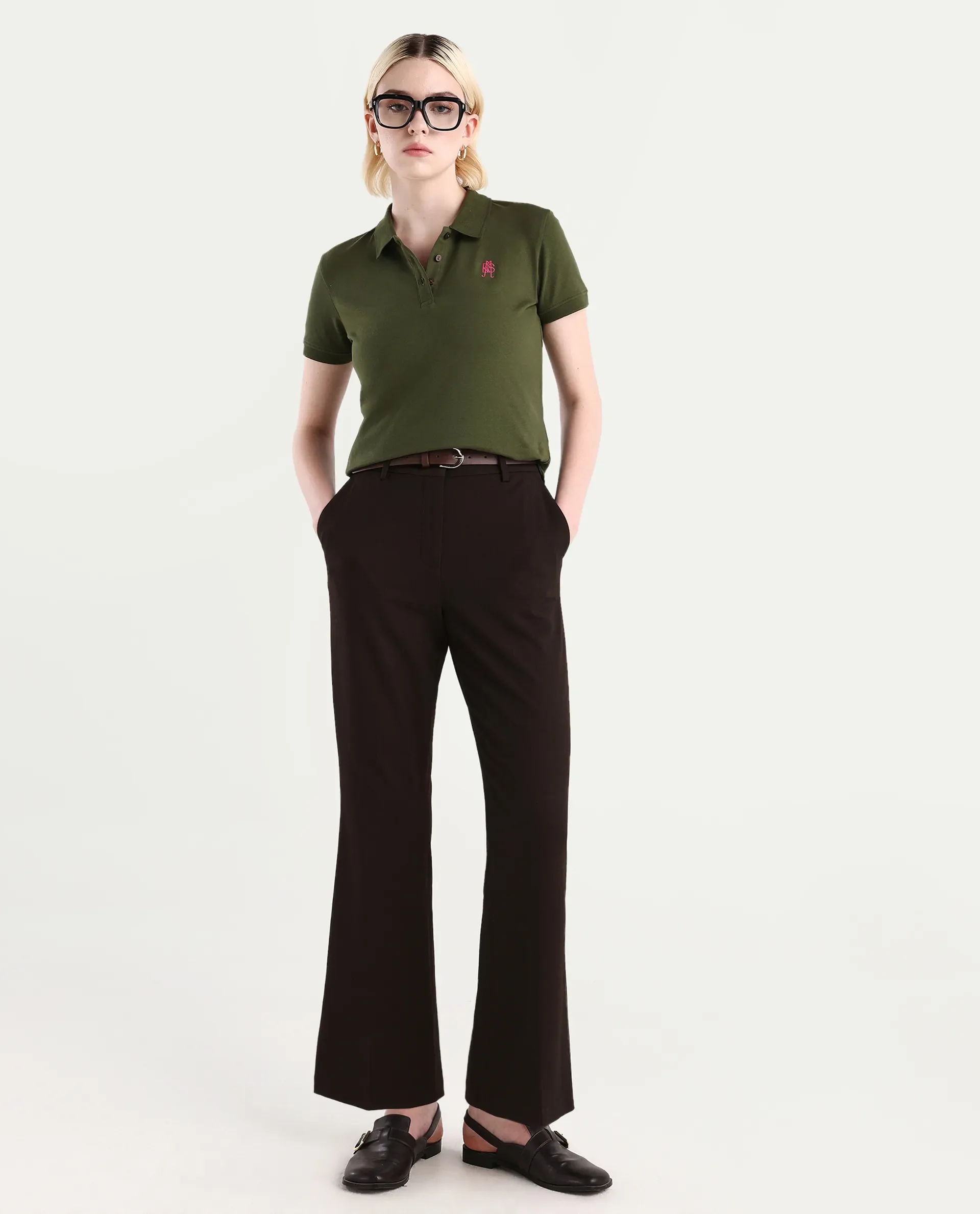 Rareism Women's Logan Dark Olive Cotton Blend Polo Neck Plain Regular Fit Polo - Image 2