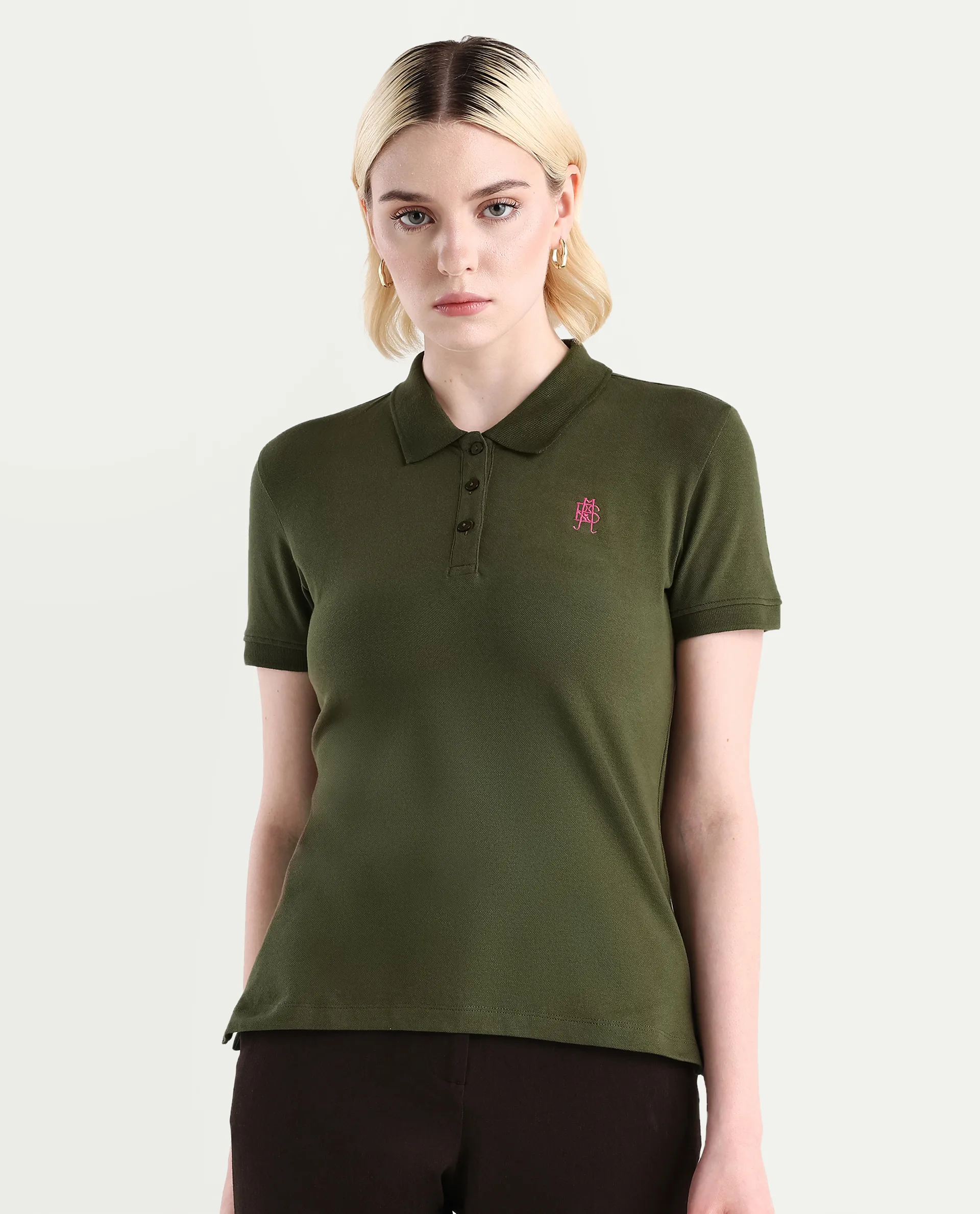 Rareism Women's Logan Dark Olive Cotton Blend Polo Neck Plain Regular Fit Polo - Image 3