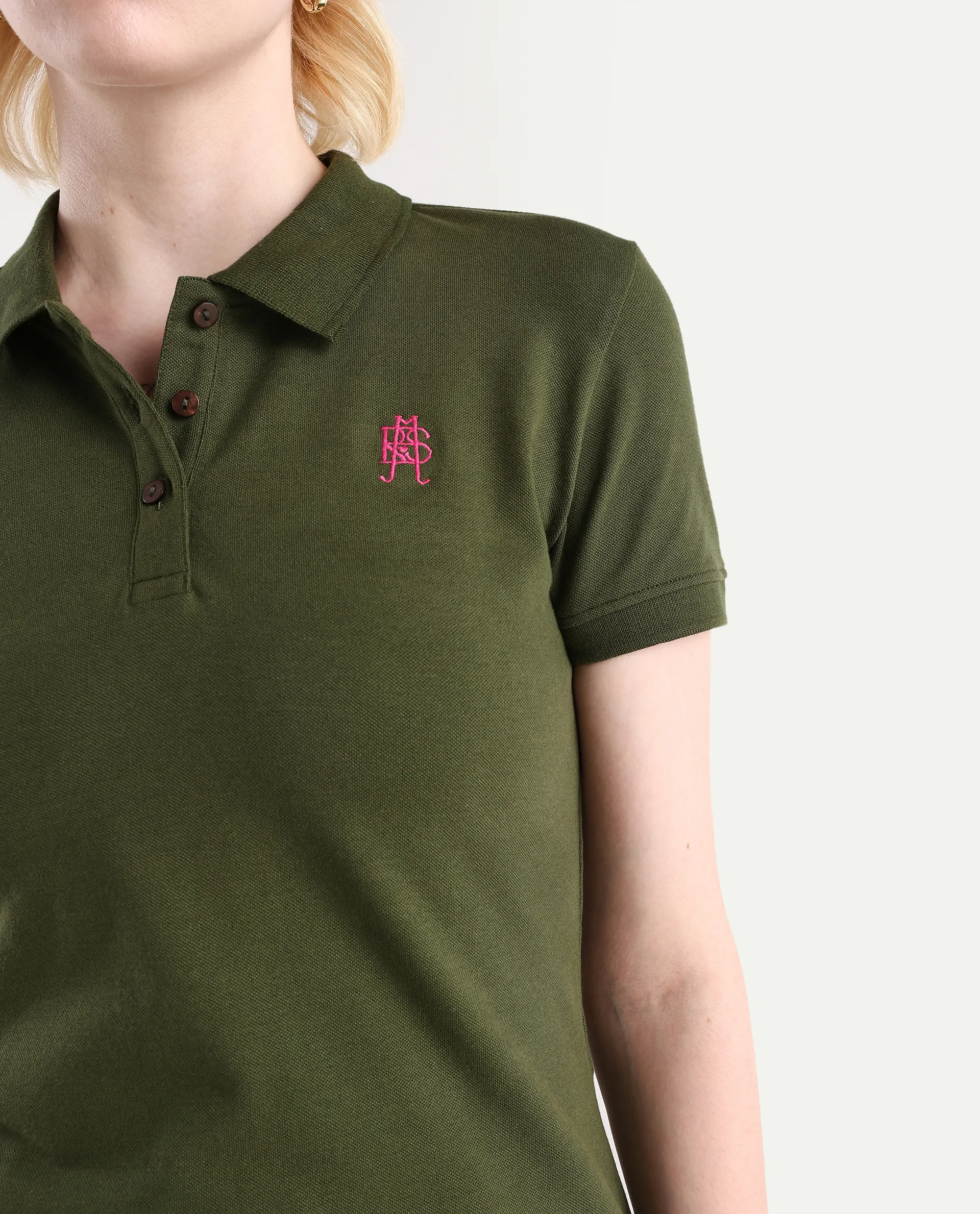Rareism Women's Logan Dark Olive Cotton Blend Polo Neck Plain Regular Fit Polo - Image 4