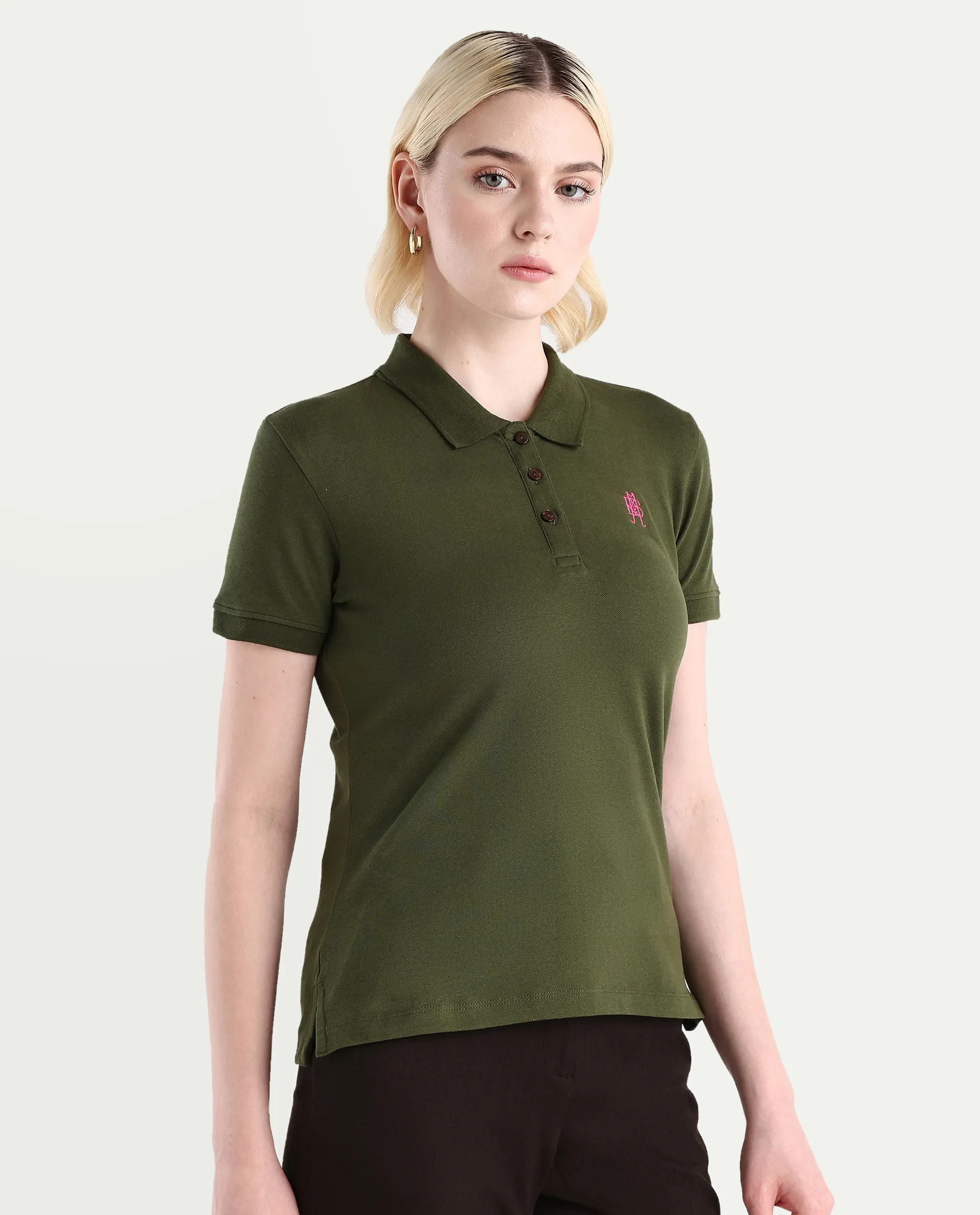 Rareism Women's Logan Dark Olive Cotton Blend Polo Neck Plain Regular Fit Polo - Image 5