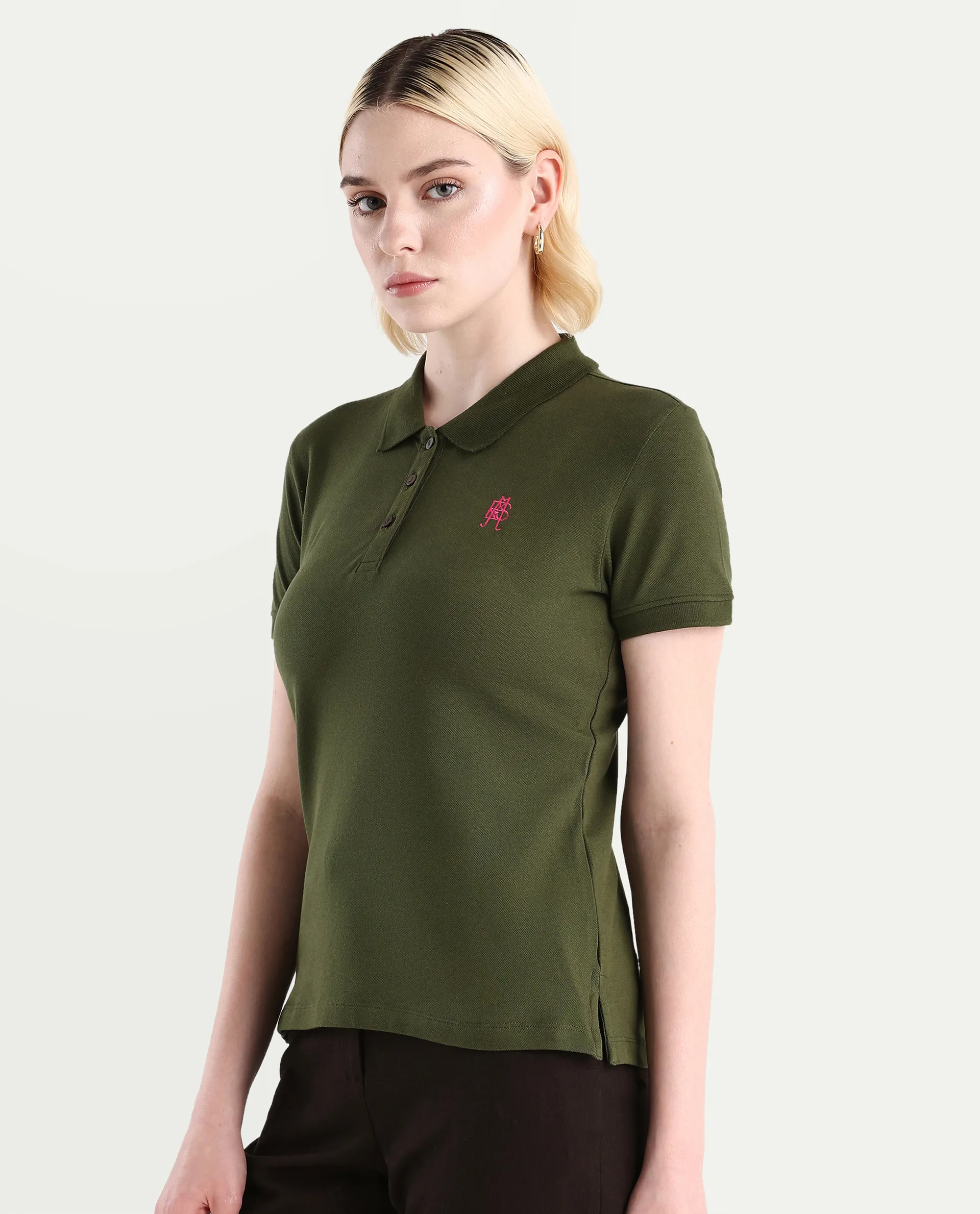 Rareism Women's Logan Dark Olive Cotton Blend Polo Neck Plain Regular Fit Polo - Image 6