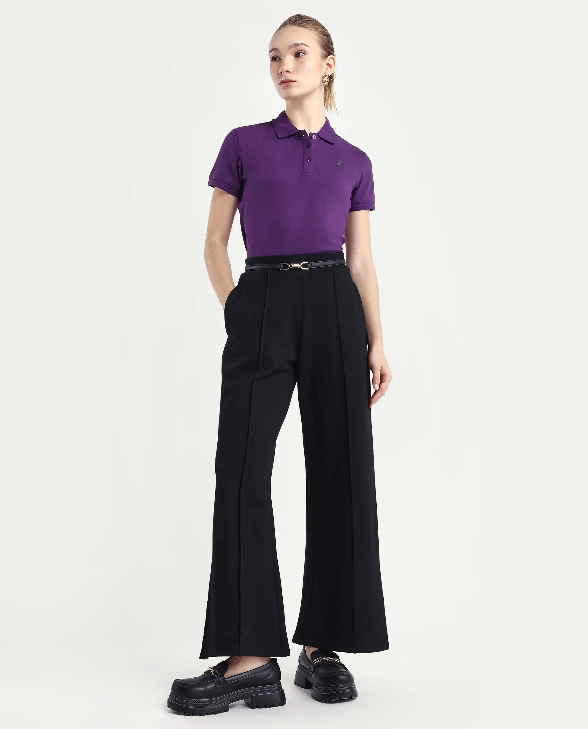 Rareism Women's Logan Purple Cotton Blend Polo Neck Plain Regular Fit Polo - Image 2