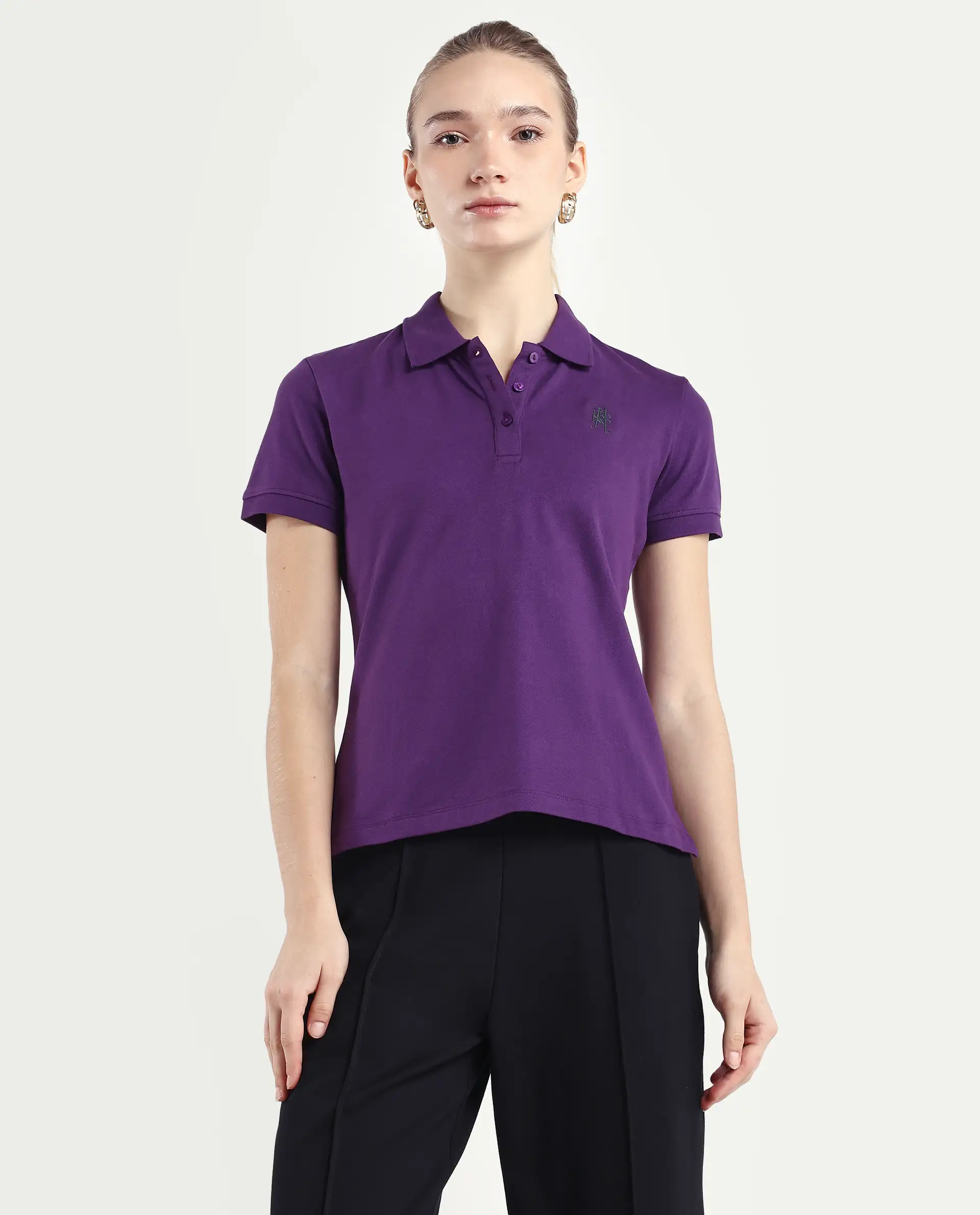 Rareism Women's Logan Purple Cotton Blend Polo Neck Plain Regular Fit Polo - Image 4