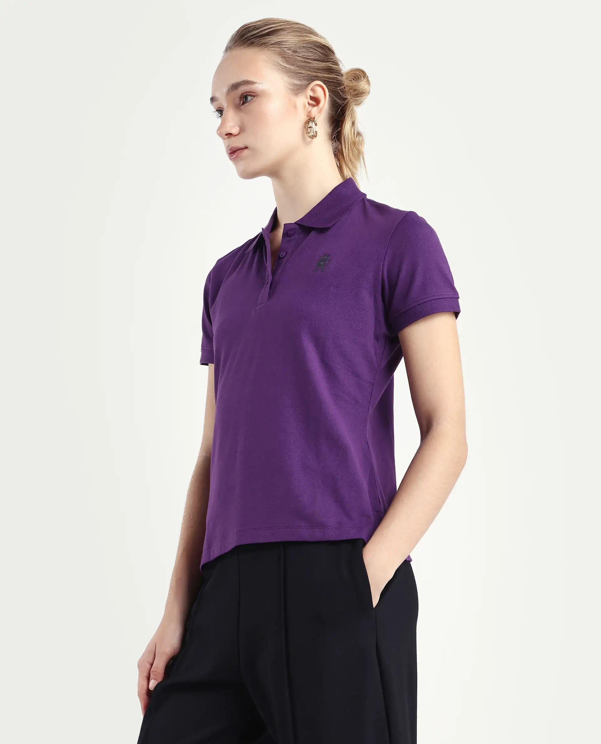 Rareism Women's Logan Purple Cotton Blend Polo Neck Plain Regular Fit Polo - Image 5
