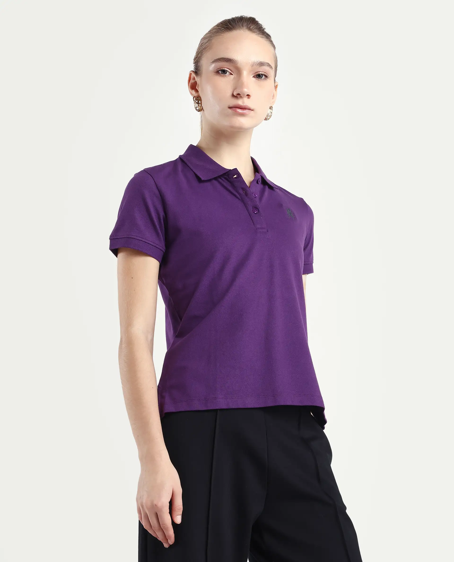 Rareism Women's Logan Purple Cotton Blend Polo Neck Plain Regular Fit Polo - Image 6