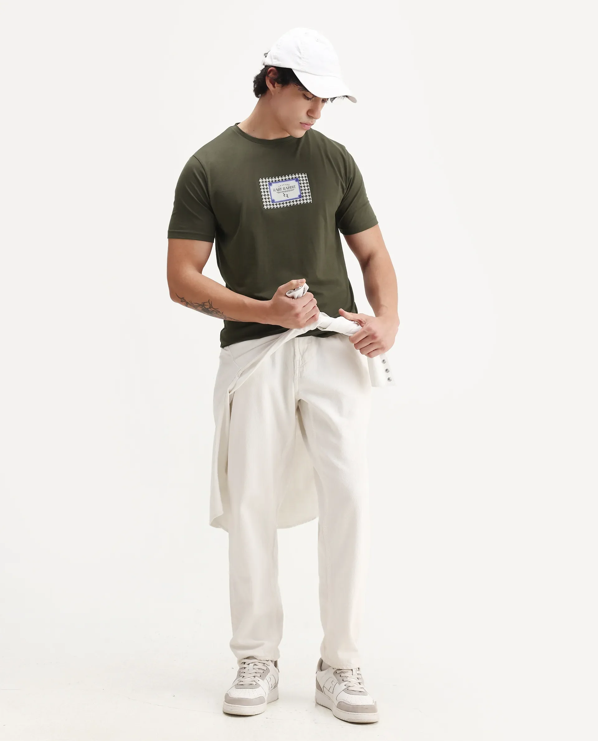 Rare Rabbit Men's Logi Dark Olive Cotton Blend Graphic Print Regular Fit Half Sleeve Crew Neck T-Shirt - Image 2