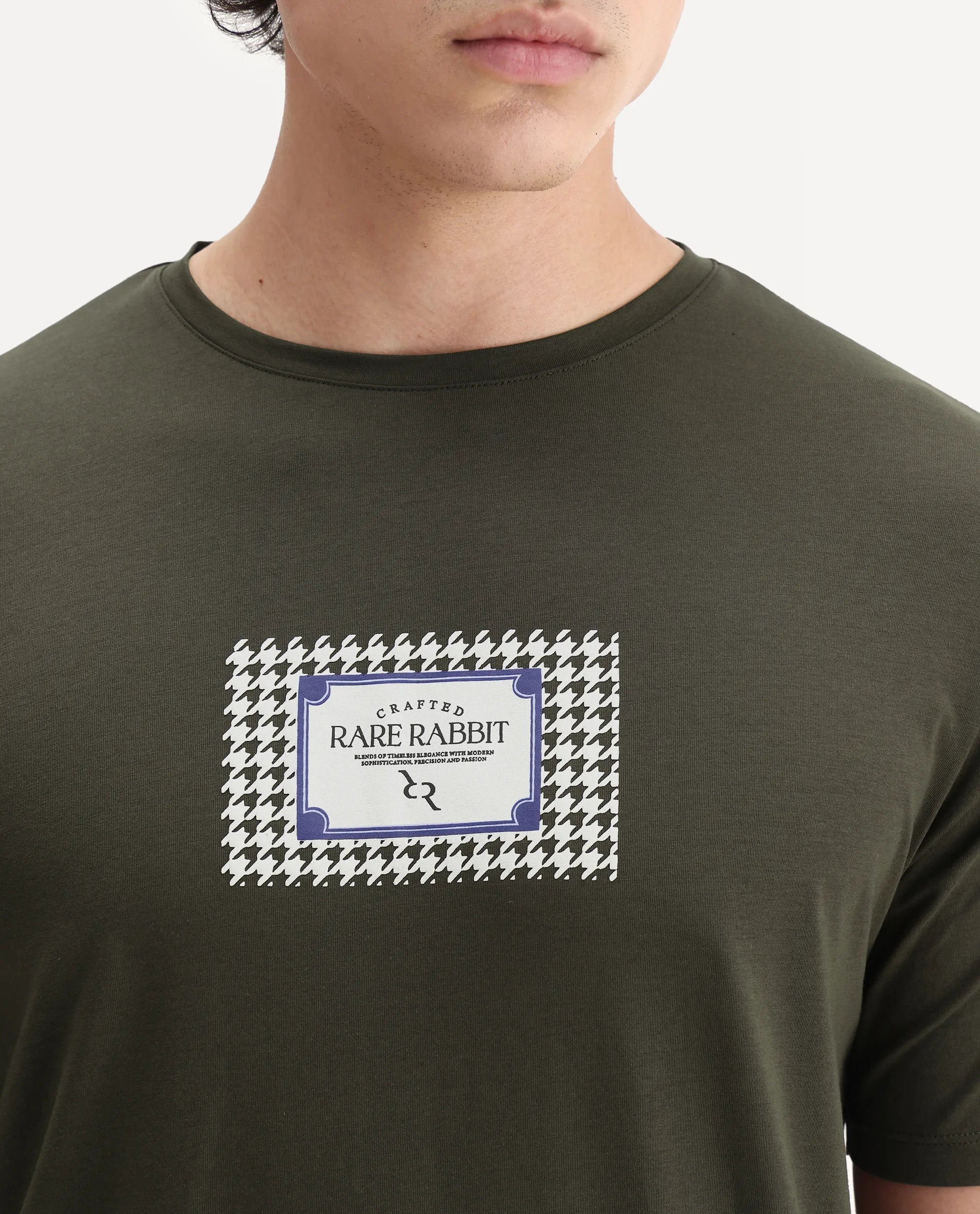 Rare Rabbit Men's Logi Dark Olive Cotton Blend Graphic Print Regular Fit Half Sleeve Crew Neck T-Shirt - Image 3