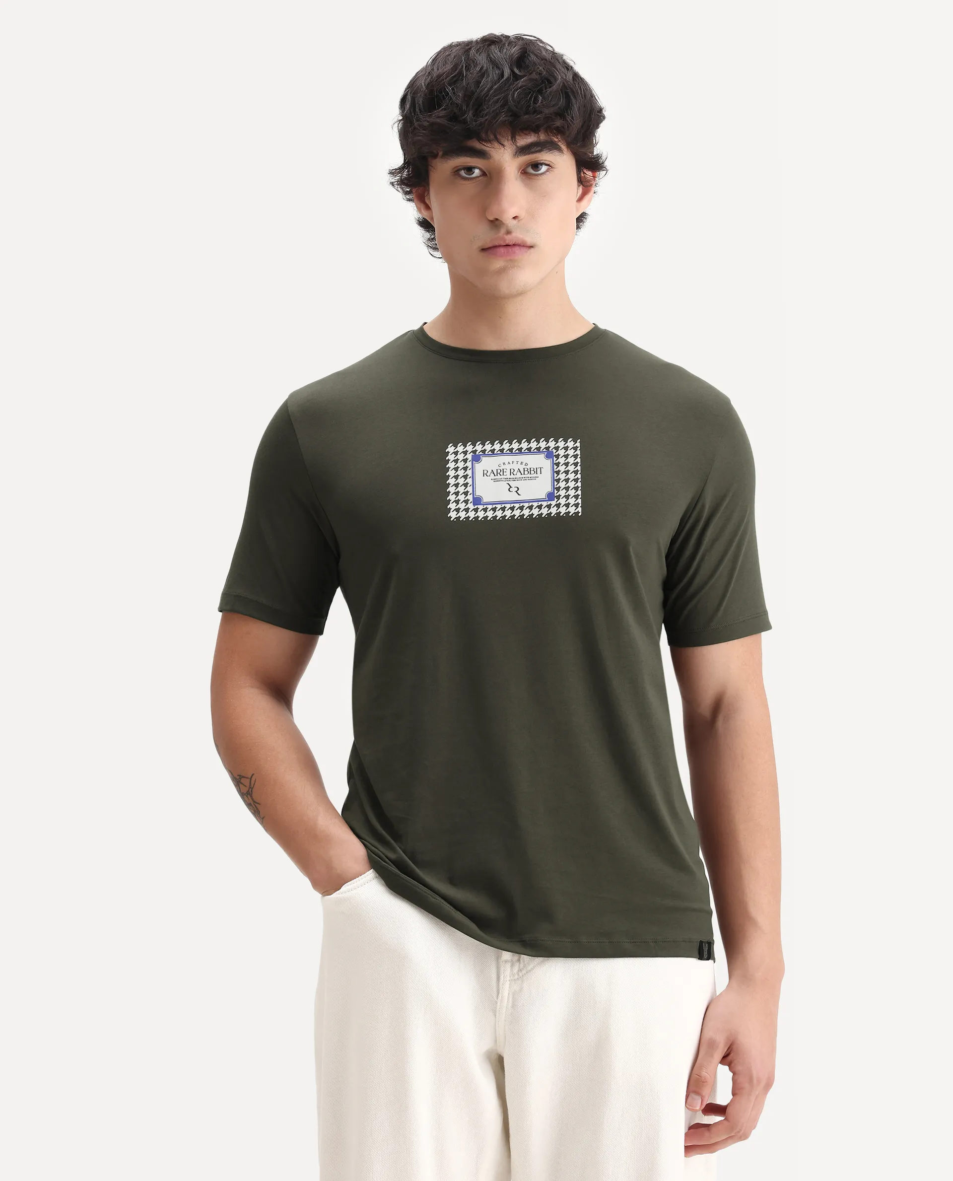 Rare Rabbit Men's Logi Dark Olive Cotton Blend Graphic Print Regular Fit Half Sleeve Crew Neck T-Shirt - Image 4
