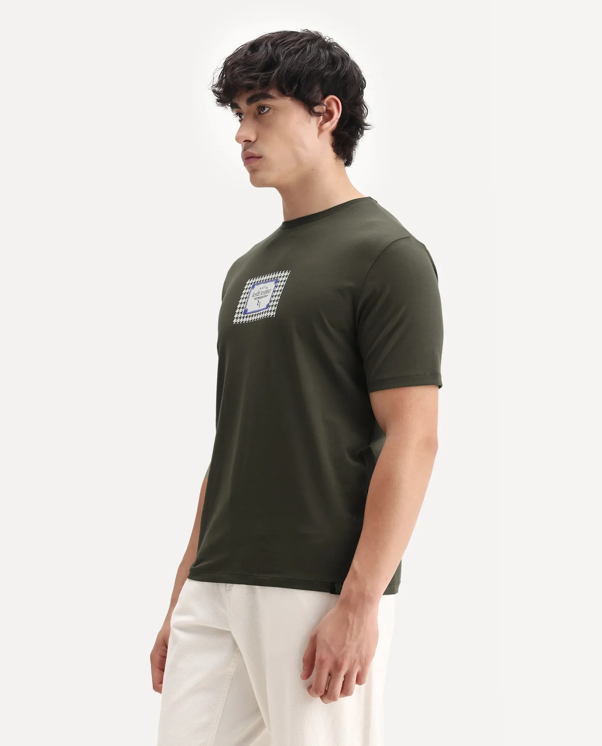 Rare Rabbit Men's Logi Dark Olive Cotton Blend Graphic Print Regular Fit Half Sleeve Crew Neck T-Shirt - Image 5