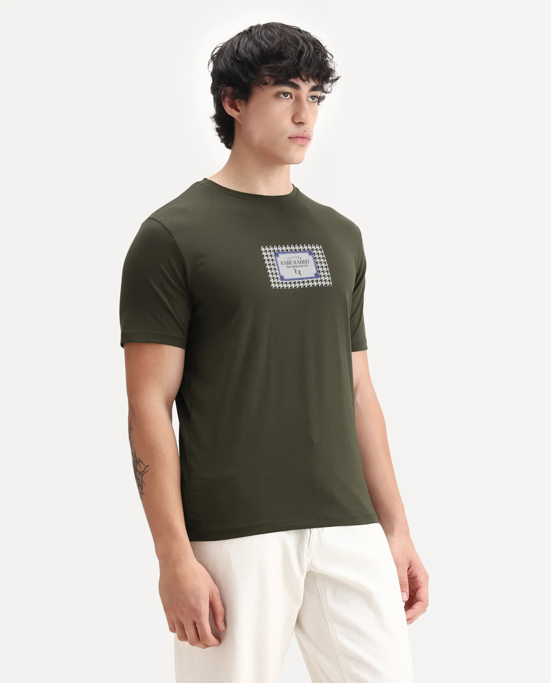 Rare Rabbit Men's Logi Dark Olive Cotton Blend Graphic Print Regular Fit Half Sleeve Crew Neck T-Shirt - Image 6