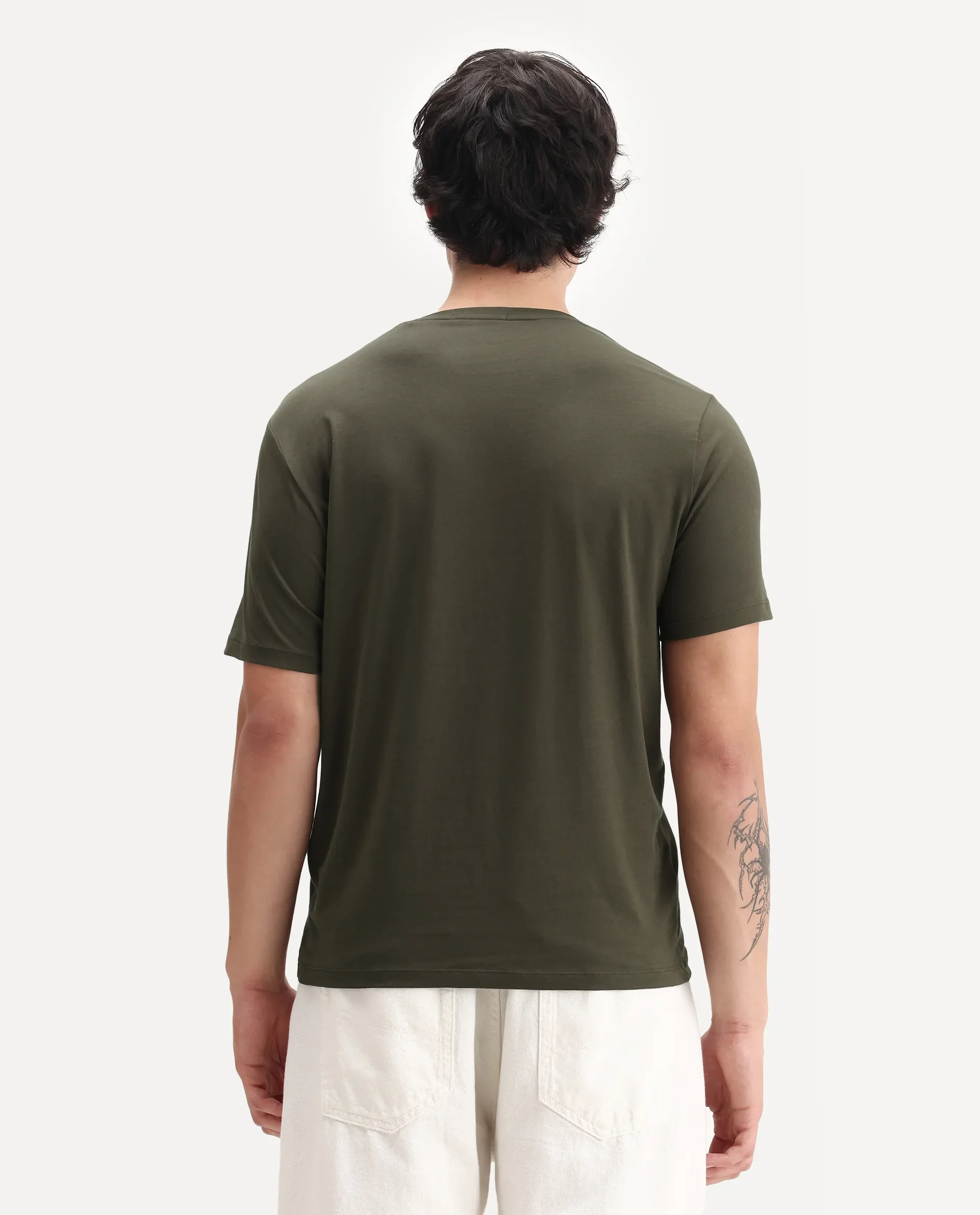 Rare Rabbit Men's Logi Dark Olive Cotton Blend Graphic Print Regular Fit Half Sleeve Crew Neck T-Shirt - Image 7