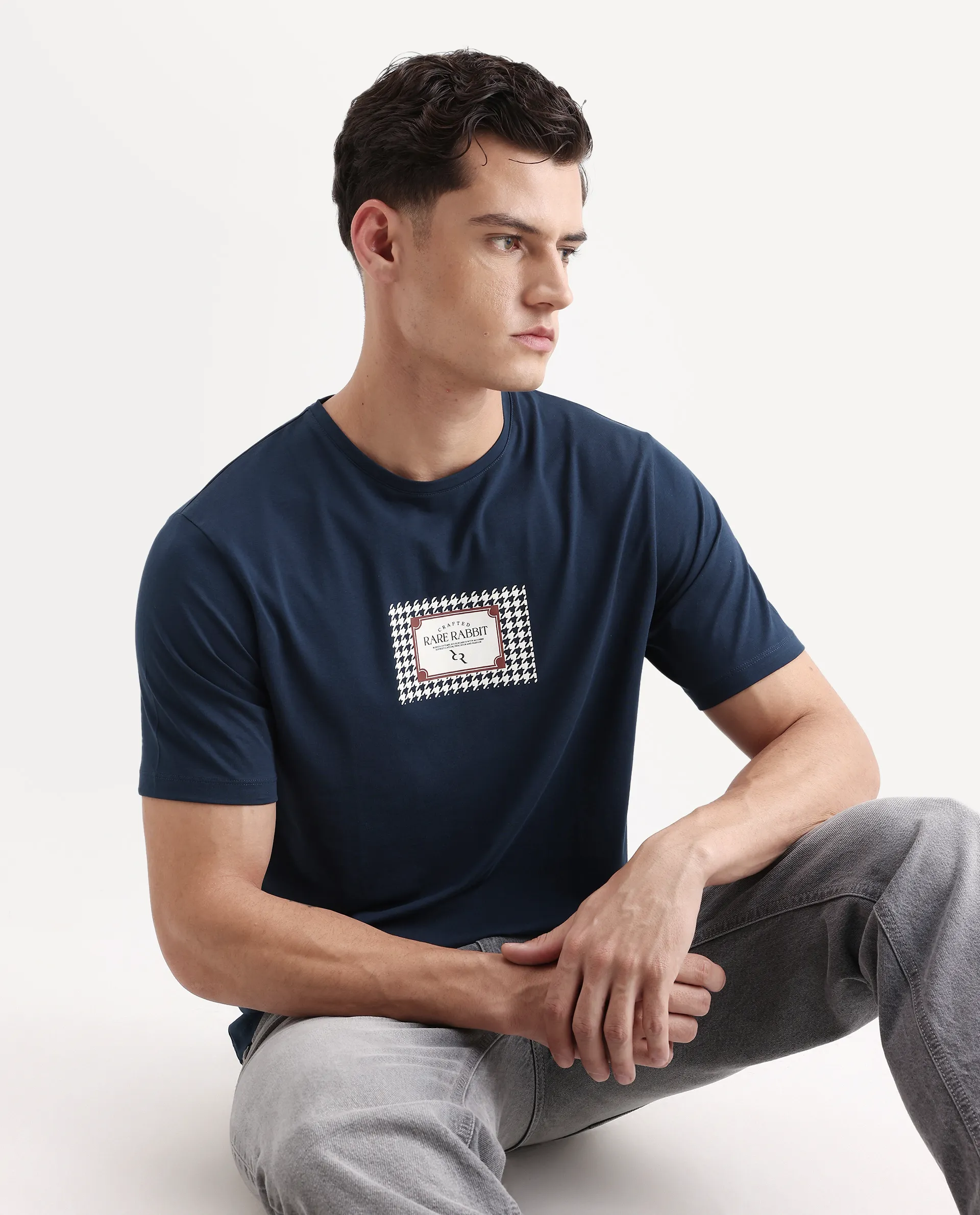 Rare Rabbit Men's Logi Teal Cotton Blend Graphic Print Regular Fit Half Sleeve Crew Neck T-Shirt