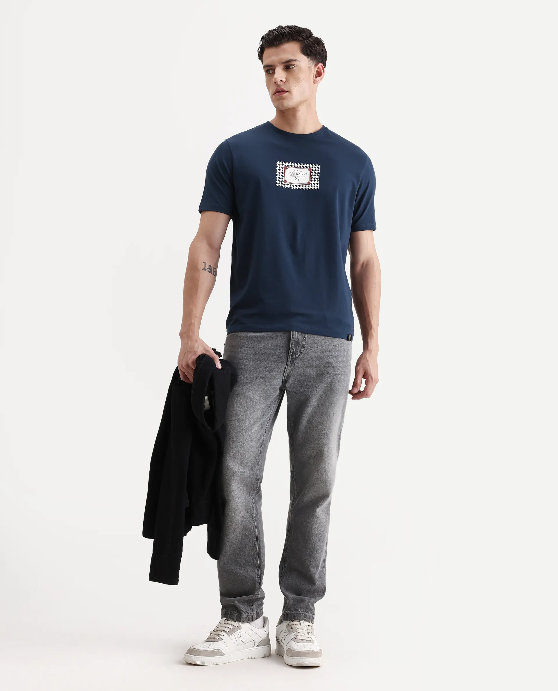 Rare Rabbit Men's Logi Teal Cotton Blend Graphic Print Regular Fit Half Sleeve Crew Neck T-Shirt - Image 2