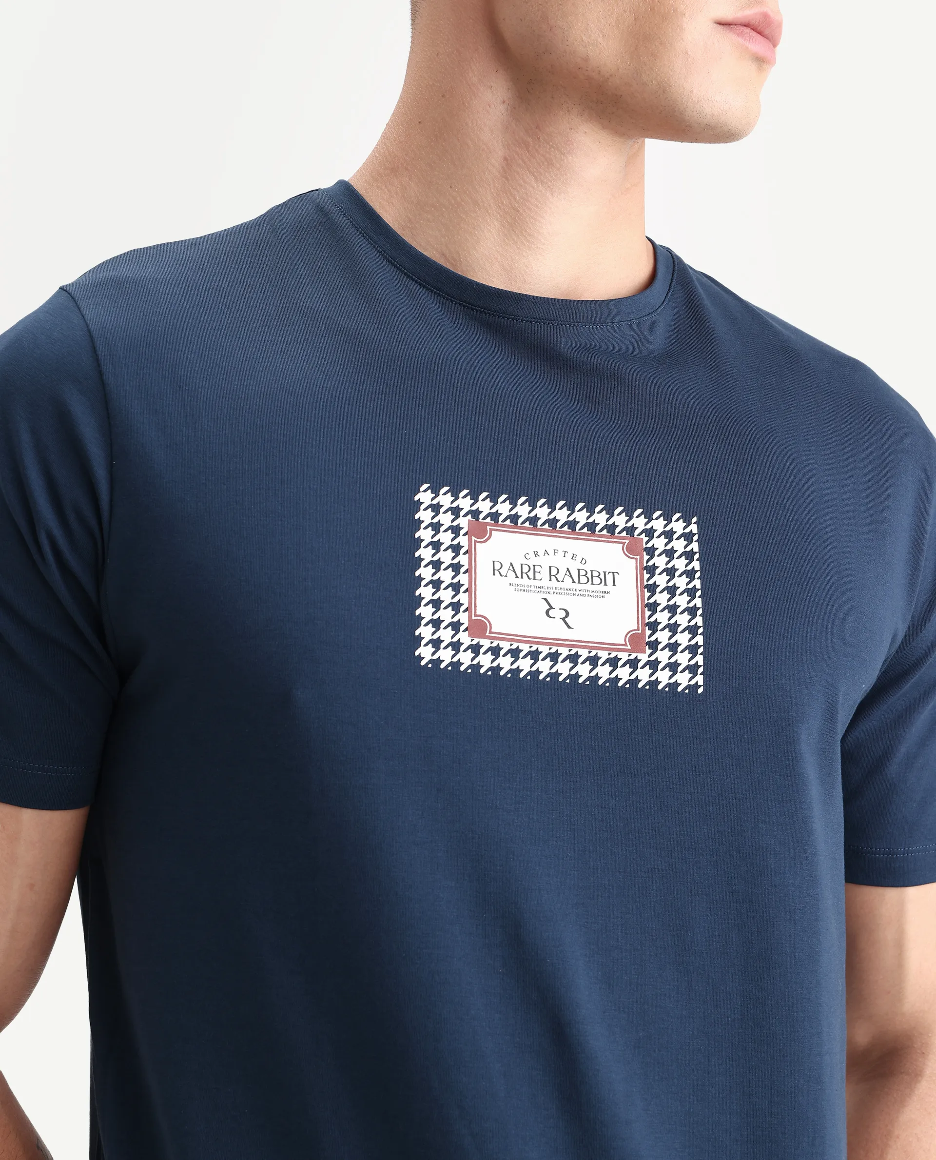 Rare Rabbit Men's Logi Teal Cotton Blend Graphic Print Regular Fit Half Sleeve Crew Neck T-Shirt - Image 3