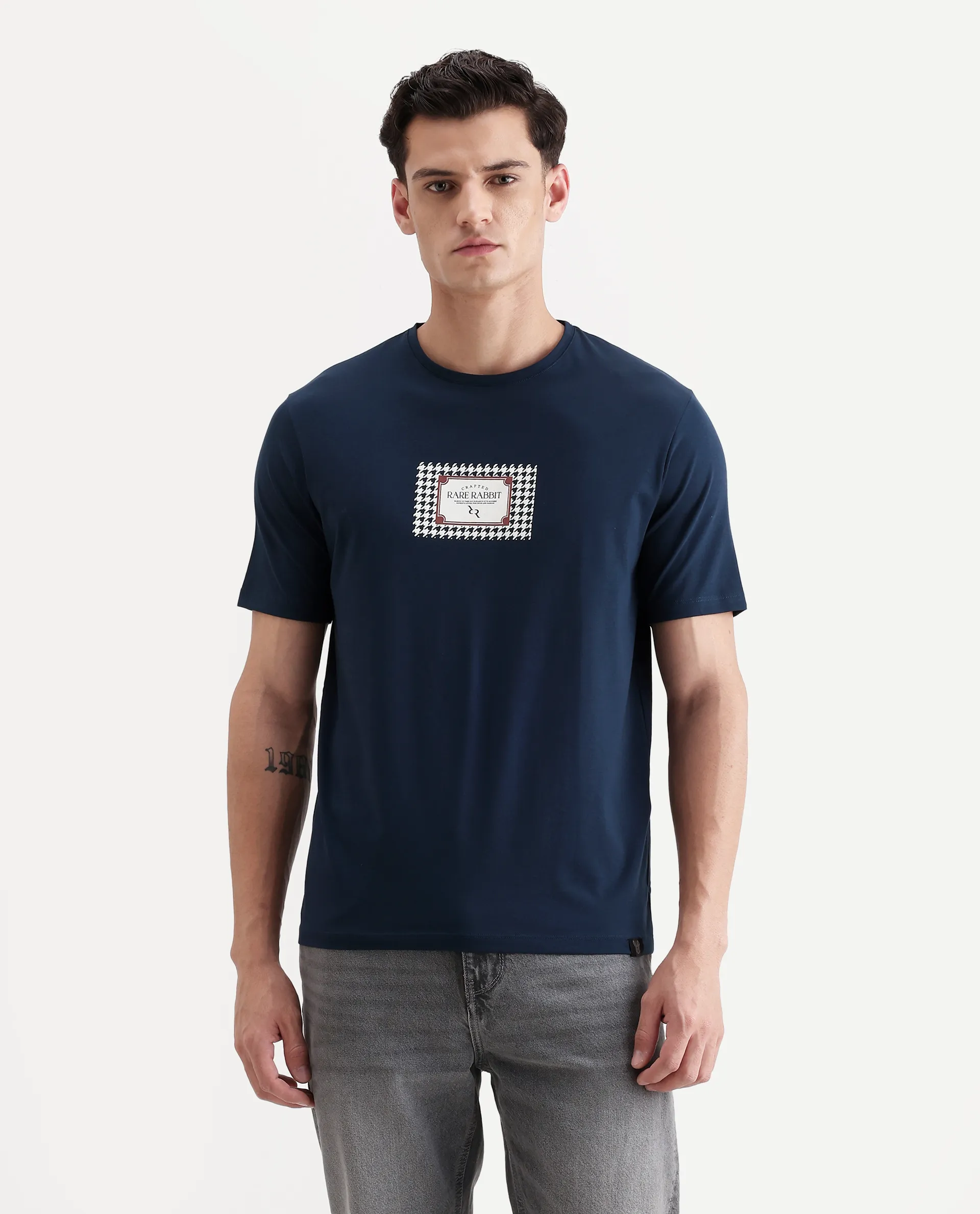 Rare Rabbit Men's Logi Teal Cotton Blend Graphic Print Regular Fit Half Sleeve Crew Neck T-Shirt - Image 4