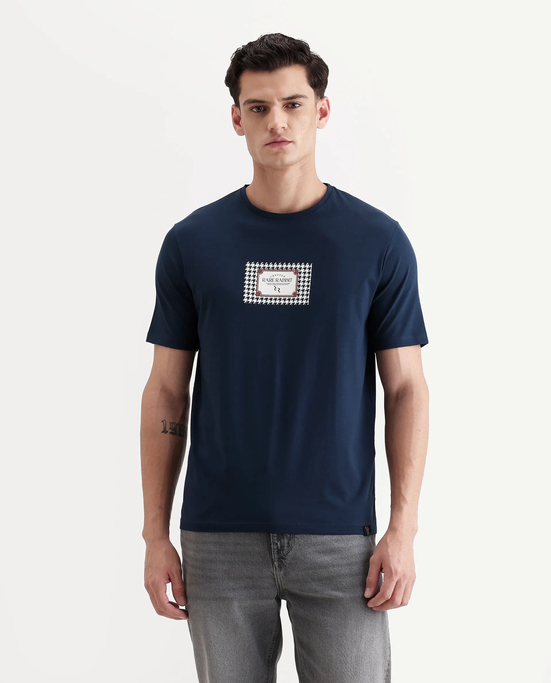 Rare Rabbit Men's Logi Teal Cotton Blend Graphic Print Regular Fit Half Sleeve Crew Neck T-Shirt - Image 5