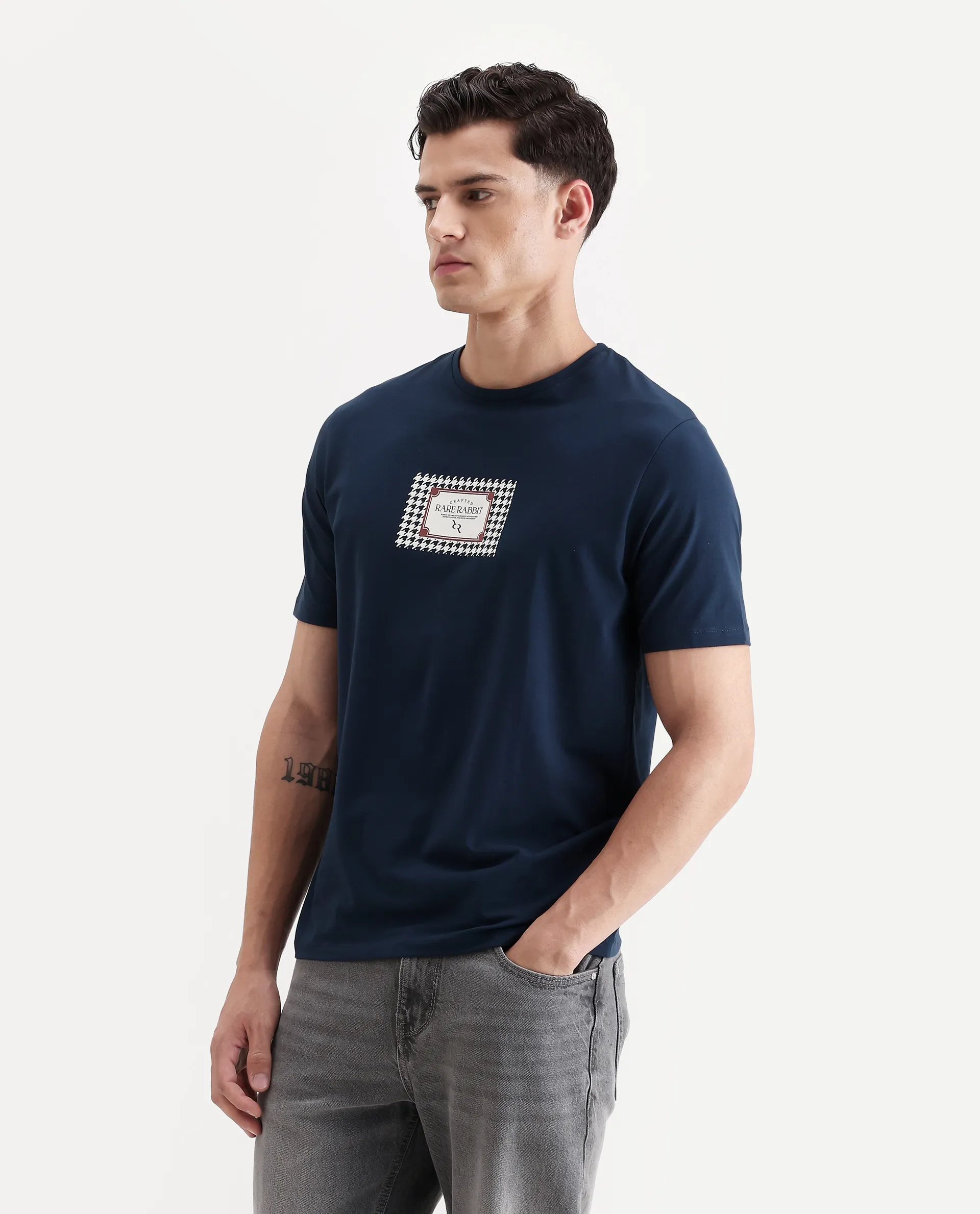 Rare Rabbit Men's Logi Teal Cotton Blend Graphic Print Regular Fit Half Sleeve Crew Neck T-Shirt - Image 6