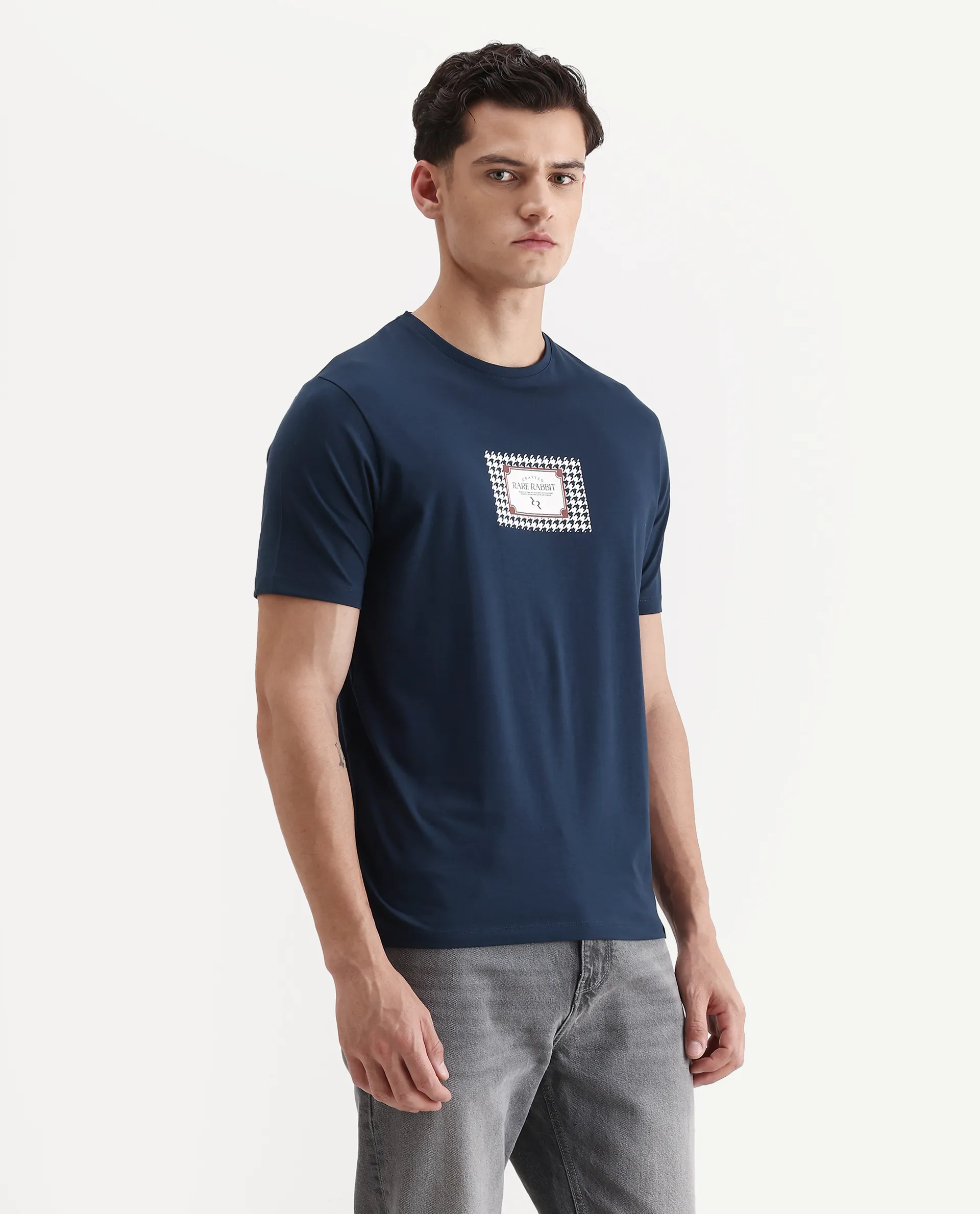 Rare Rabbit Men's Logi Teal Cotton Blend Graphic Print Regular Fit Half Sleeve Crew Neck T-Shirt - Image 7