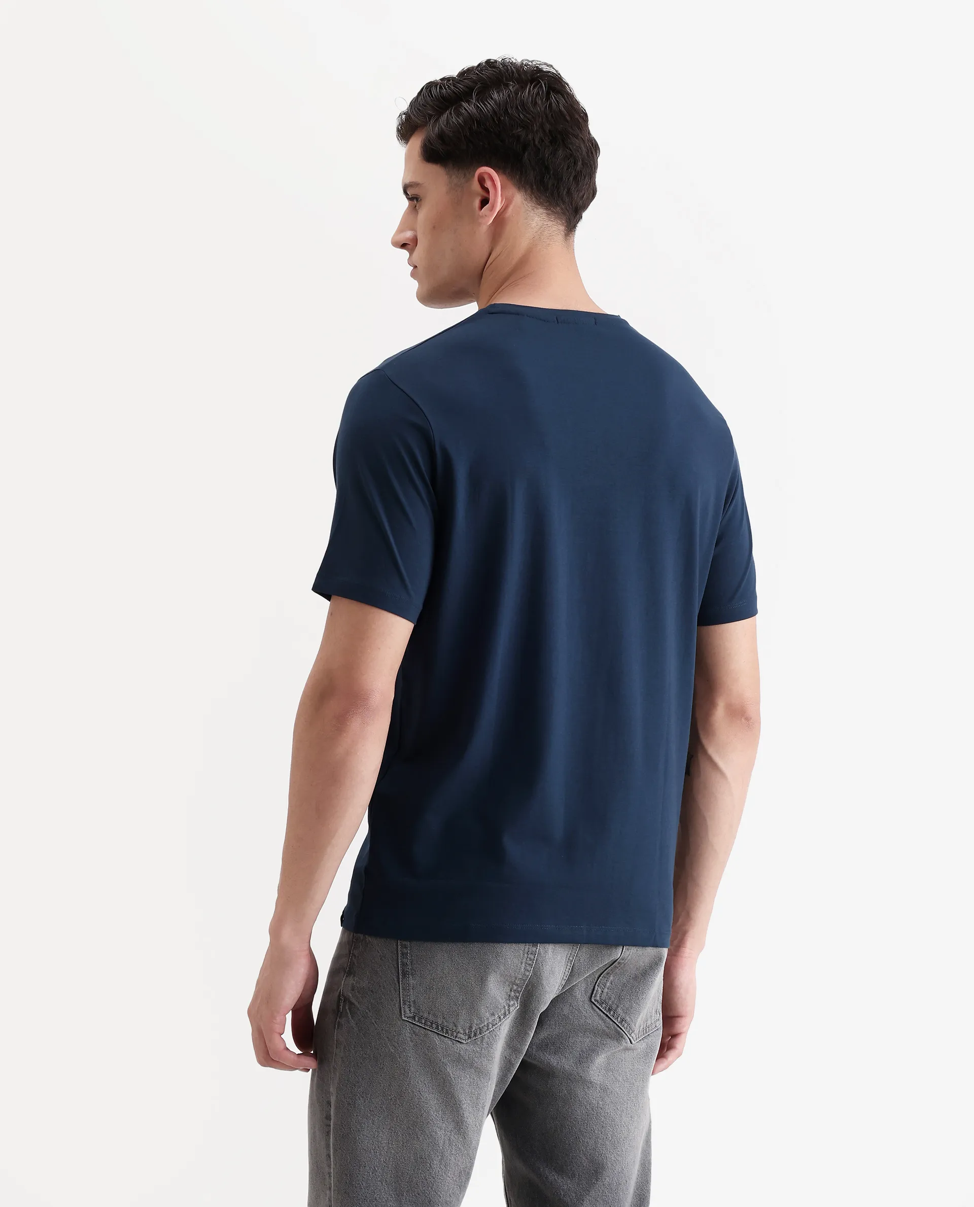 Rare Rabbit Men's Logi Teal Cotton Blend Graphic Print Regular Fit Half Sleeve Crew Neck T-Shirt - Image 8