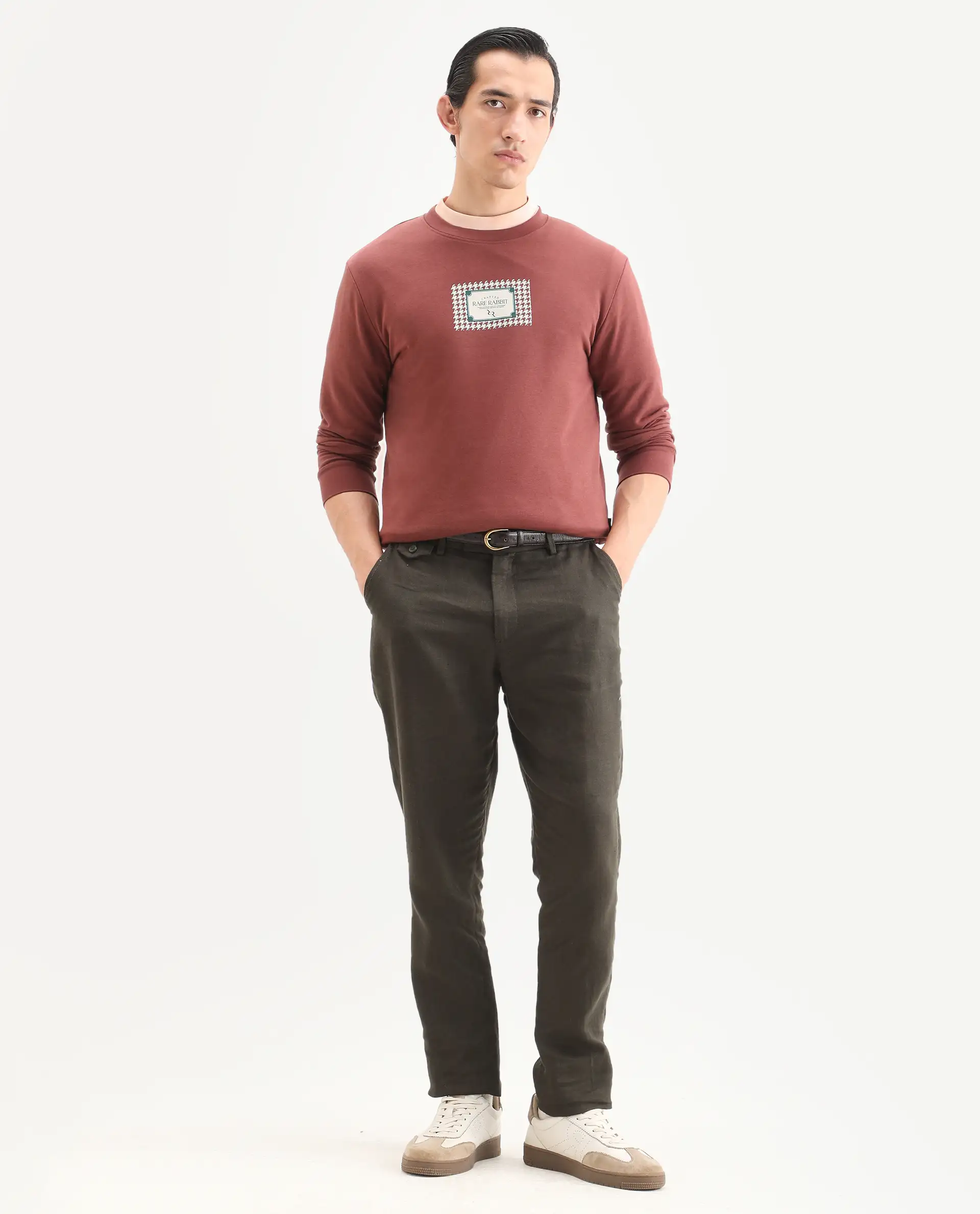 Rare Rabbit Men's Login Rust Cotton Blend Graphic Print Regular Fit Full Sleeve Crew Neck Sweatshirt - Image 2
