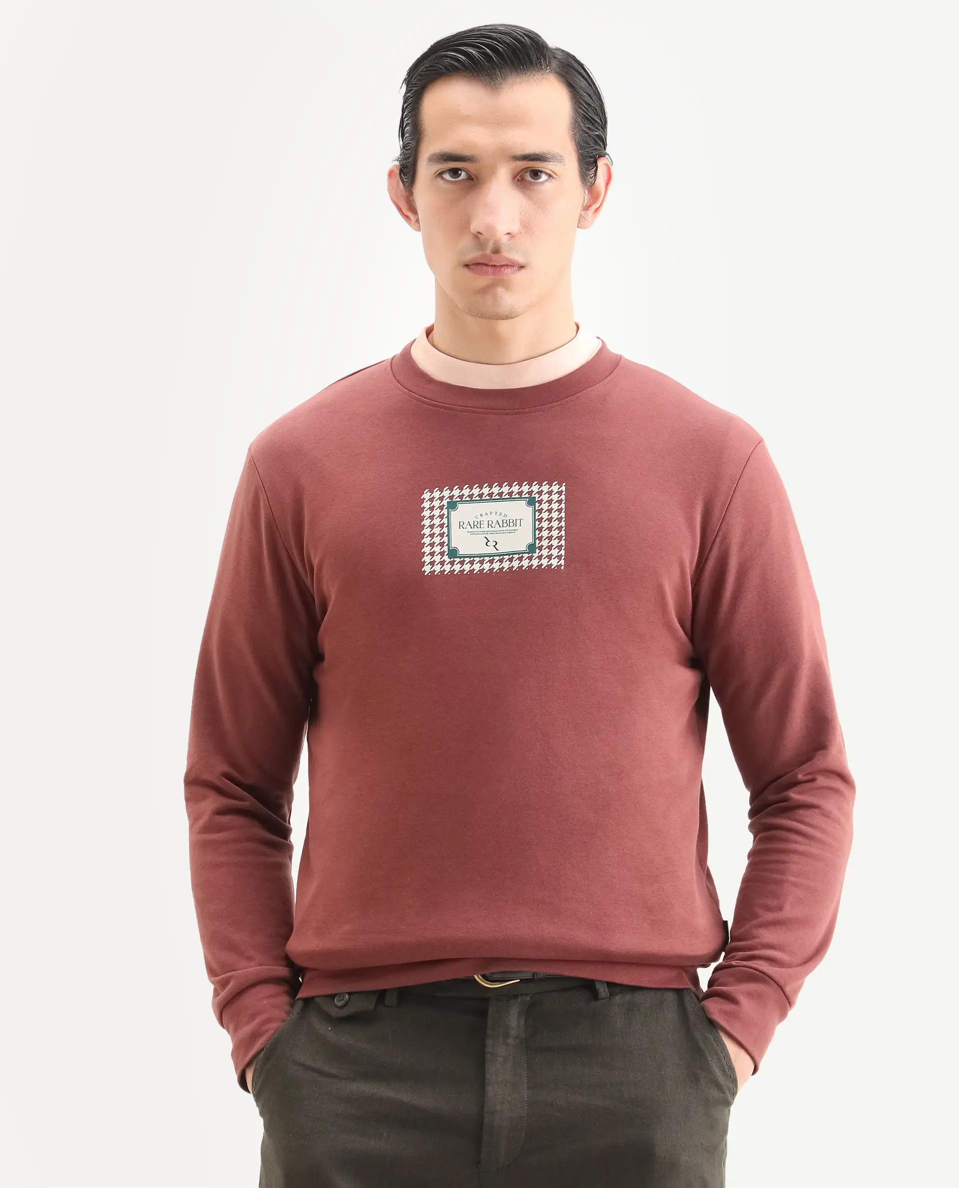 Rare Rabbit Men's Login Rust Cotton Blend Graphic Print Regular Fit Full Sleeve Crew Neck Sweatshirt - Image 4