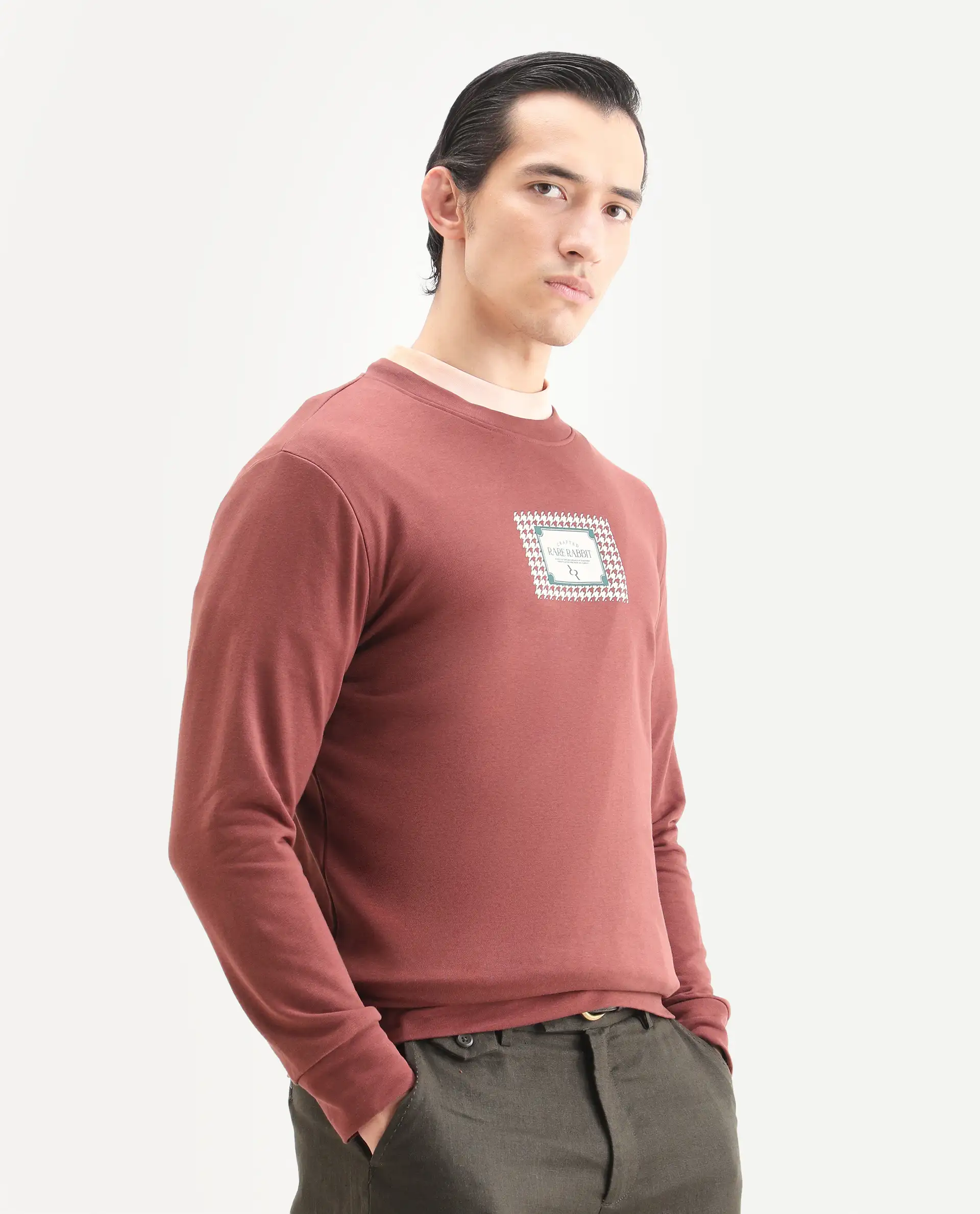 Rare Rabbit Men's Login Rust Cotton Blend Graphic Print Regular Fit Full Sleeve Crew Neck Sweatshirt - Image 5