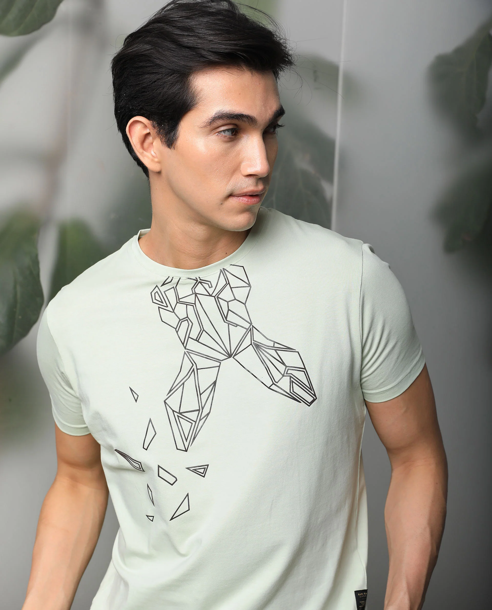 Rare Rabbit Men's Loginn Olive Cotton Graphic Print Slim Fit Half Sleeve Crew Neck T-Shirt - Image 3