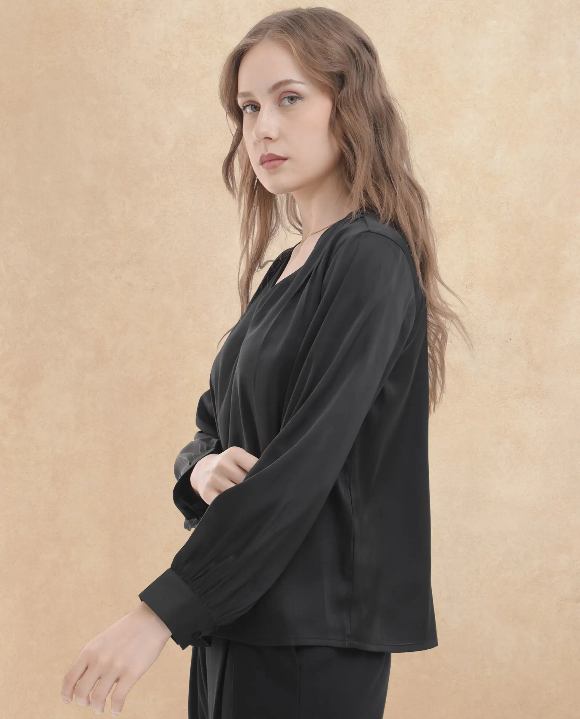 Rareism Women's Lohan Black Polyester V-Neck Plain Cuffed Sleeve Regular Fit Top - Image 3
