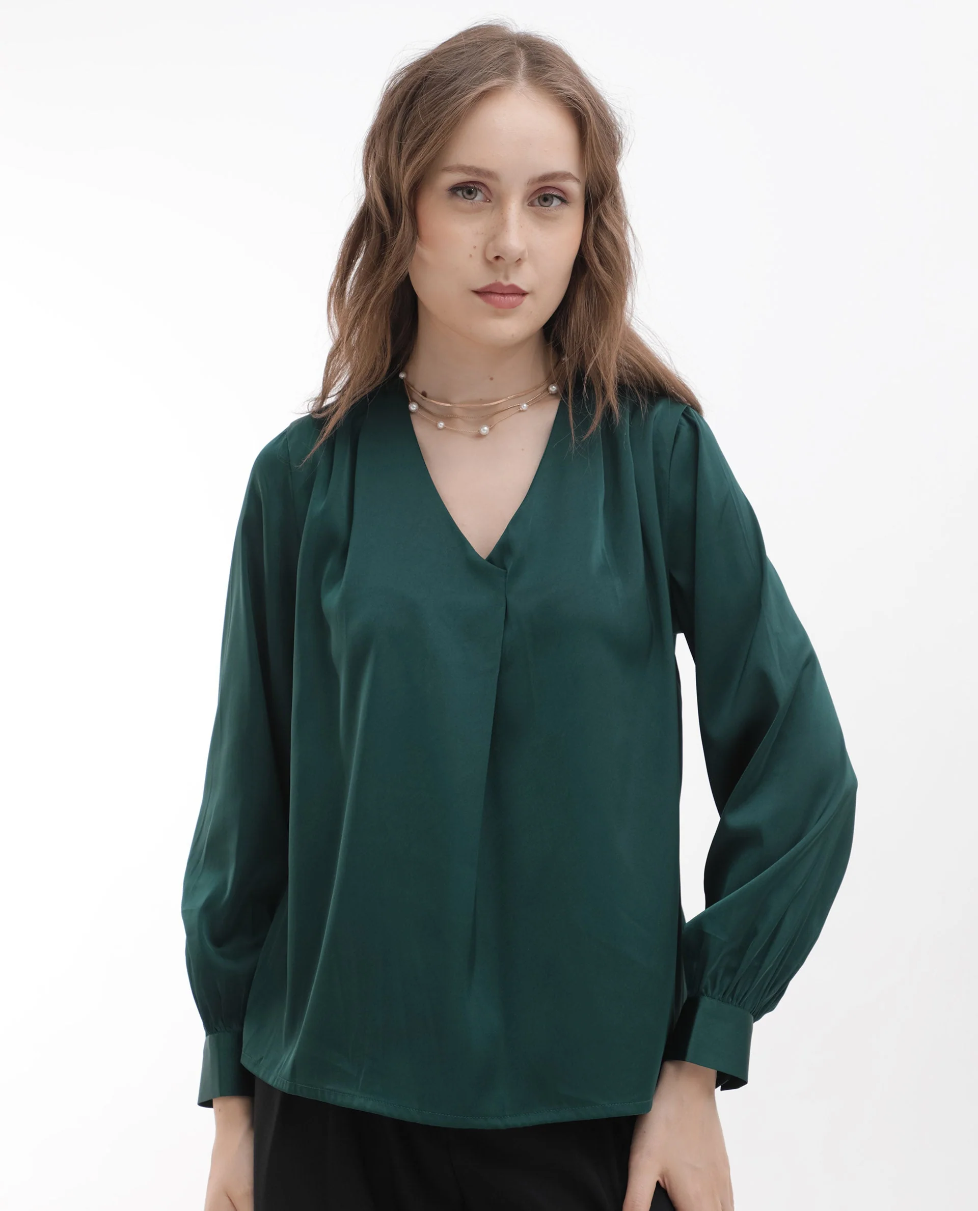 Rareism Women's Lohan Dark Green Polyester V-Neck Plain Cuffed Sleeve Regular Fit Top