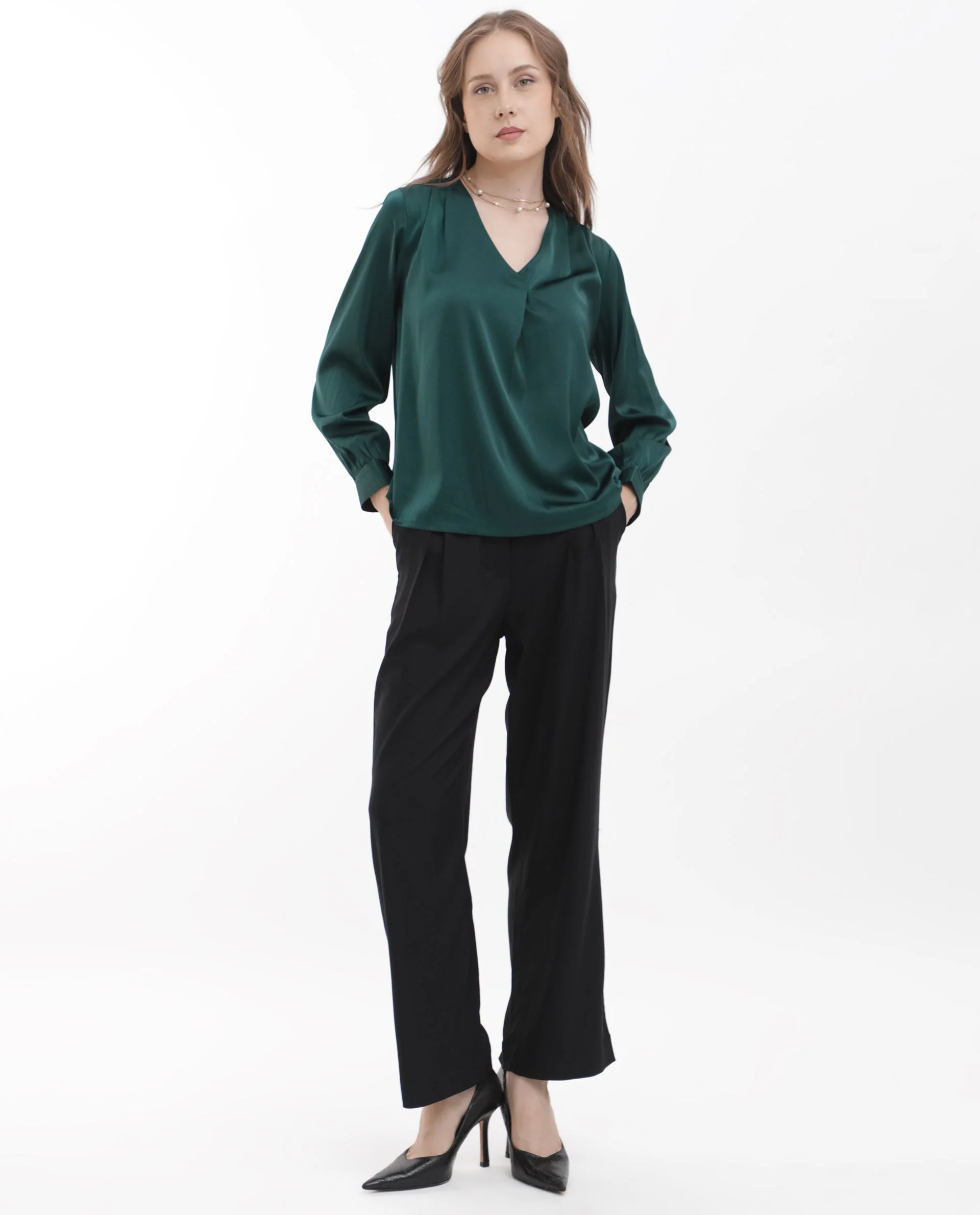 Rareism Women's Lohan Dark Green Polyester V-Neck Plain Cuffed Sleeve Regular Fit Top - Image 2