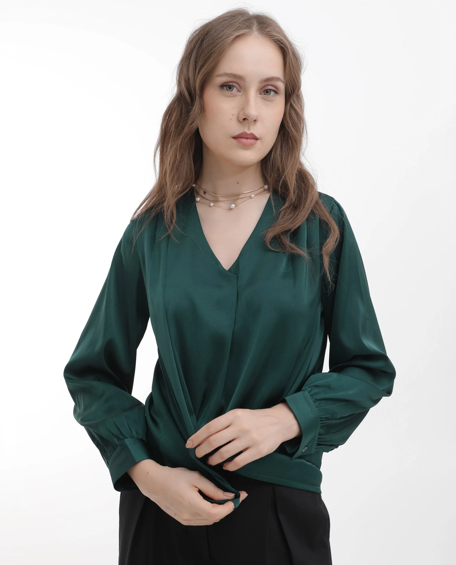 Rareism Women's Lohan Dark Green Polyester V-Neck Plain Cuffed Sleeve Regular Fit Top - Image 3