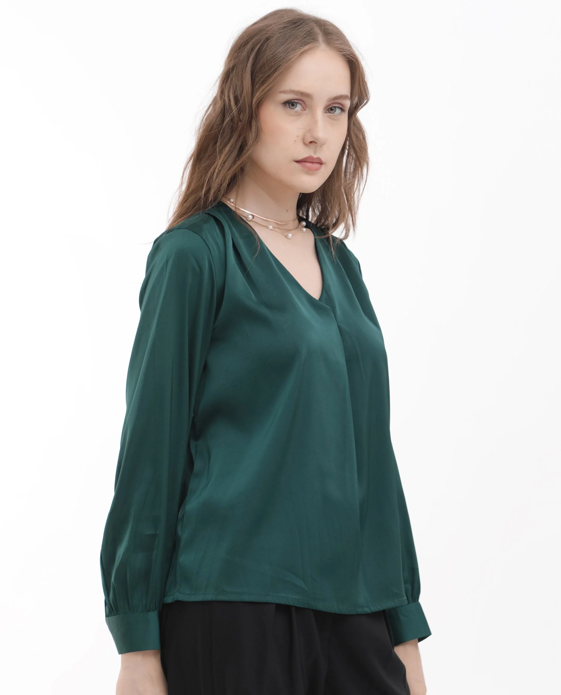 Rareism Women's Lohan Dark Green Polyester V-Neck Plain Cuffed Sleeve Regular Fit Top - Image 5