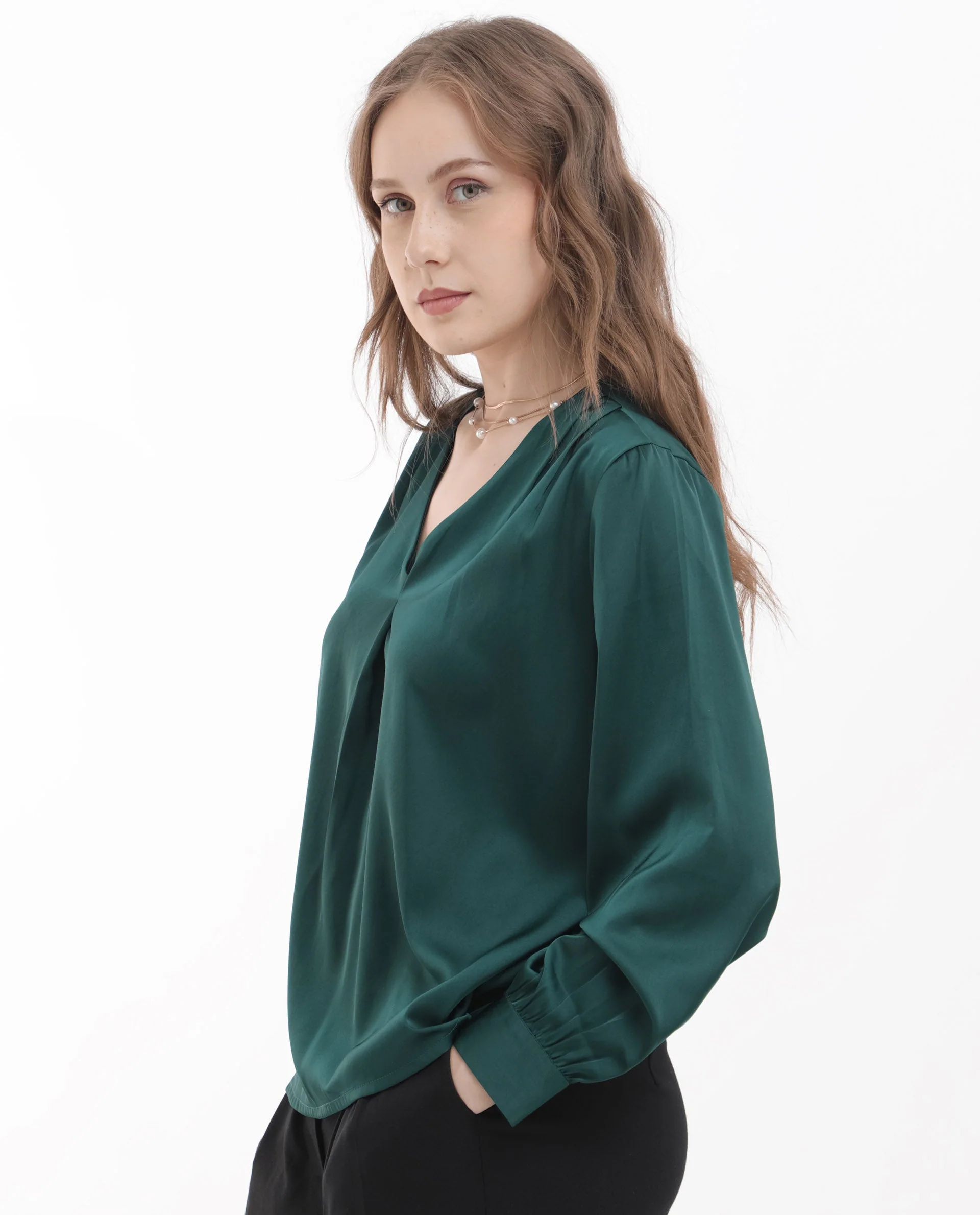 Rareism Women's Lohan Dark Green Polyester V-Neck Plain Cuffed Sleeve Regular Fit Top - Image 6