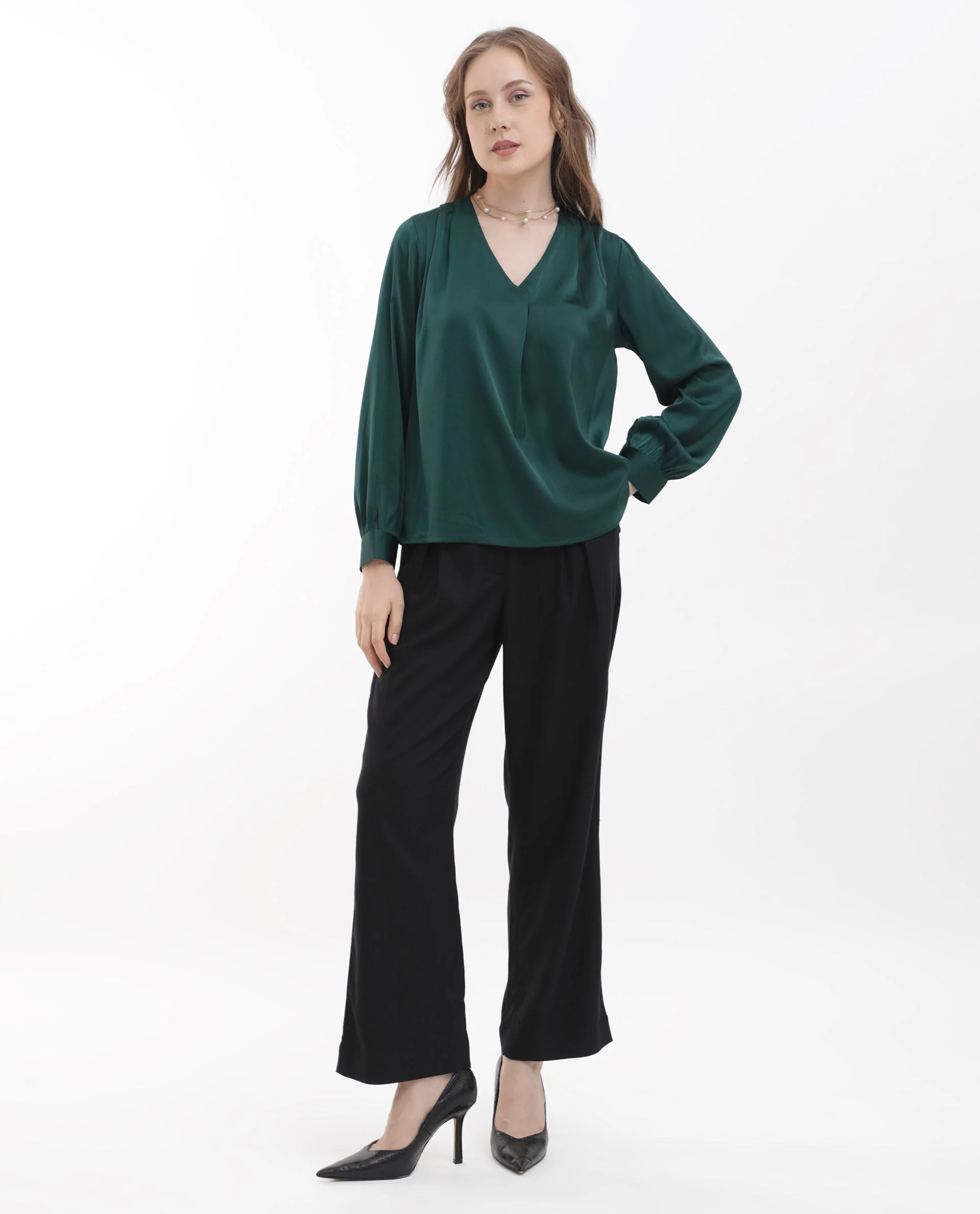 Rareism Women's Lohan Dark Green Polyester V-Neck Plain Cuffed Sleeve Regular Fit Top - Image 9