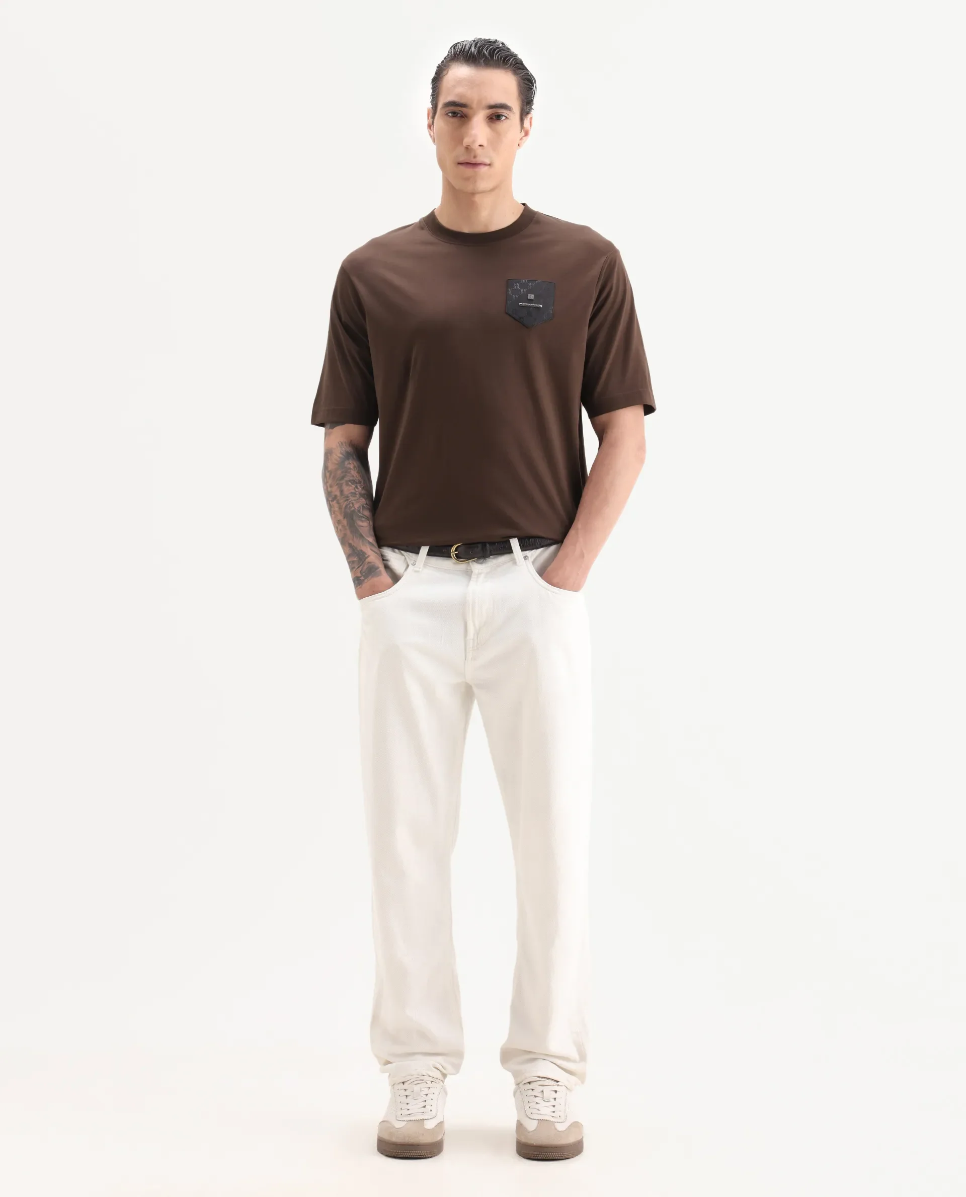 Rare Rabbit Men's Loi Dark Brown Cotton Fabric Hlaf Sleeve Crew Neck Label Print T-Shirt - Image 2