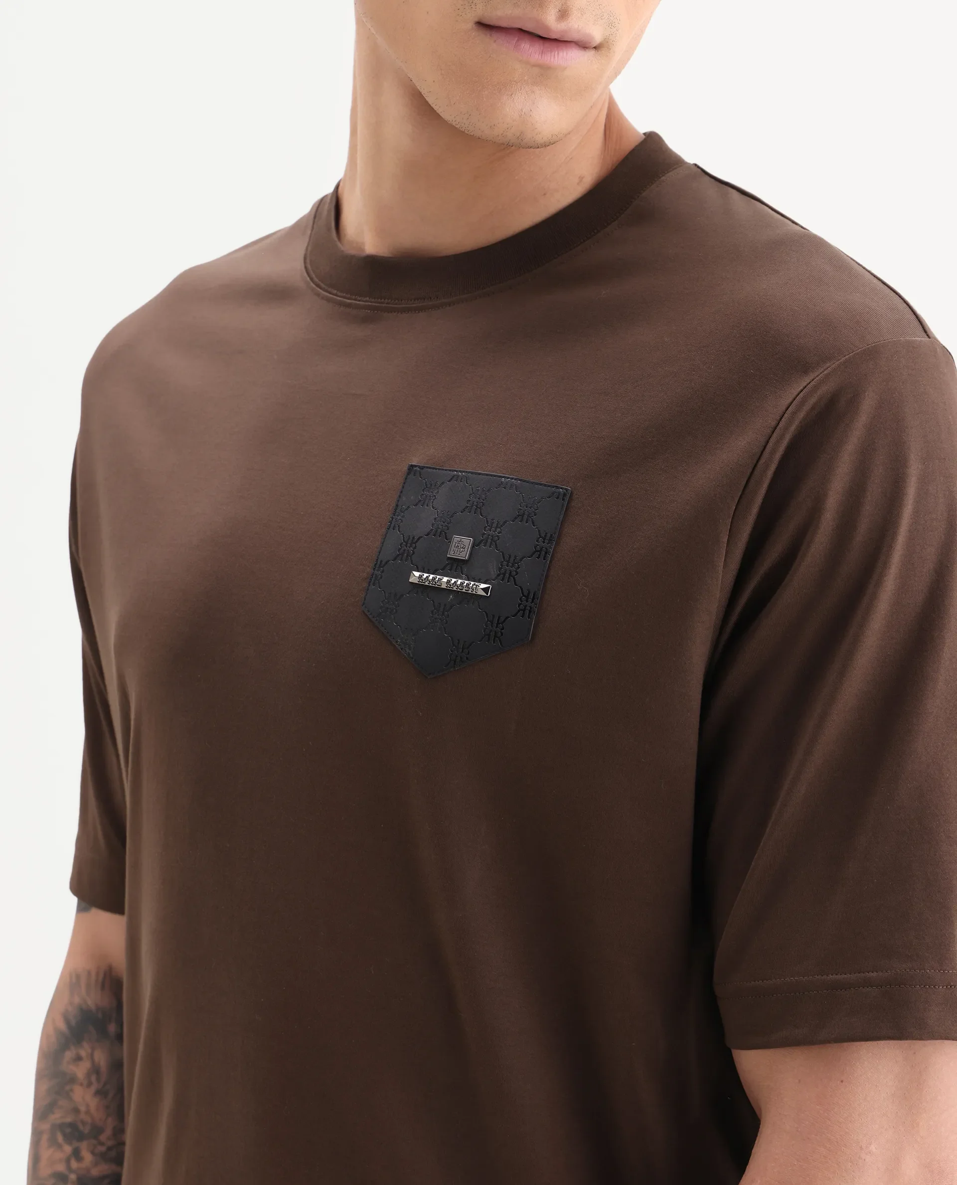 Rare Rabbit Men's Loi Dark Brown Cotton Fabric Hlaf Sleeve Crew Neck Label Print T-Shirt - Image 3