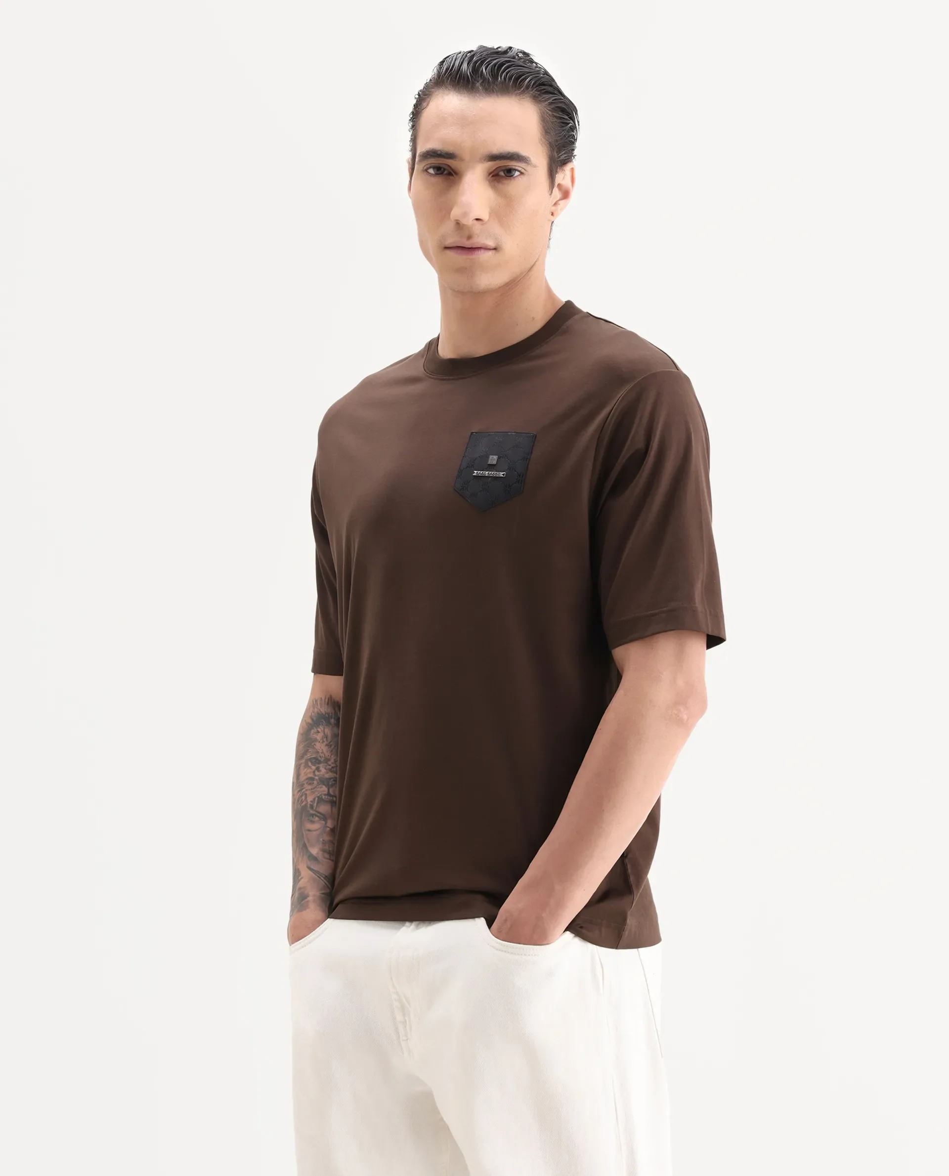 Rare Rabbit Men's Loi Dark Brown Cotton Fabric Hlaf Sleeve Crew Neck Label Print T-Shirt - Image 4