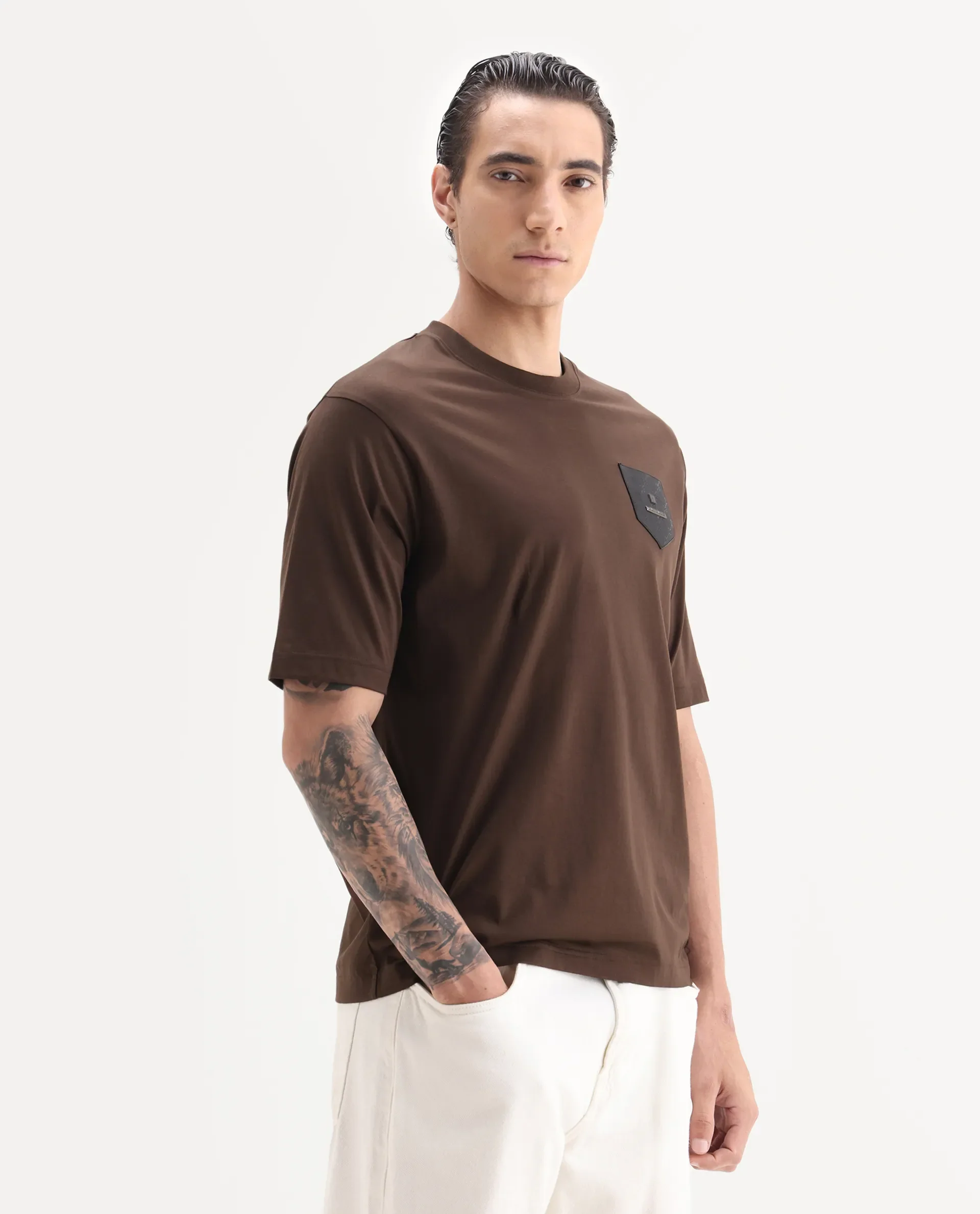 Rare Rabbit Men's Loi Dark Brown Cotton Fabric Hlaf Sleeve Crew Neck Label Print T-Shirt - Image 5