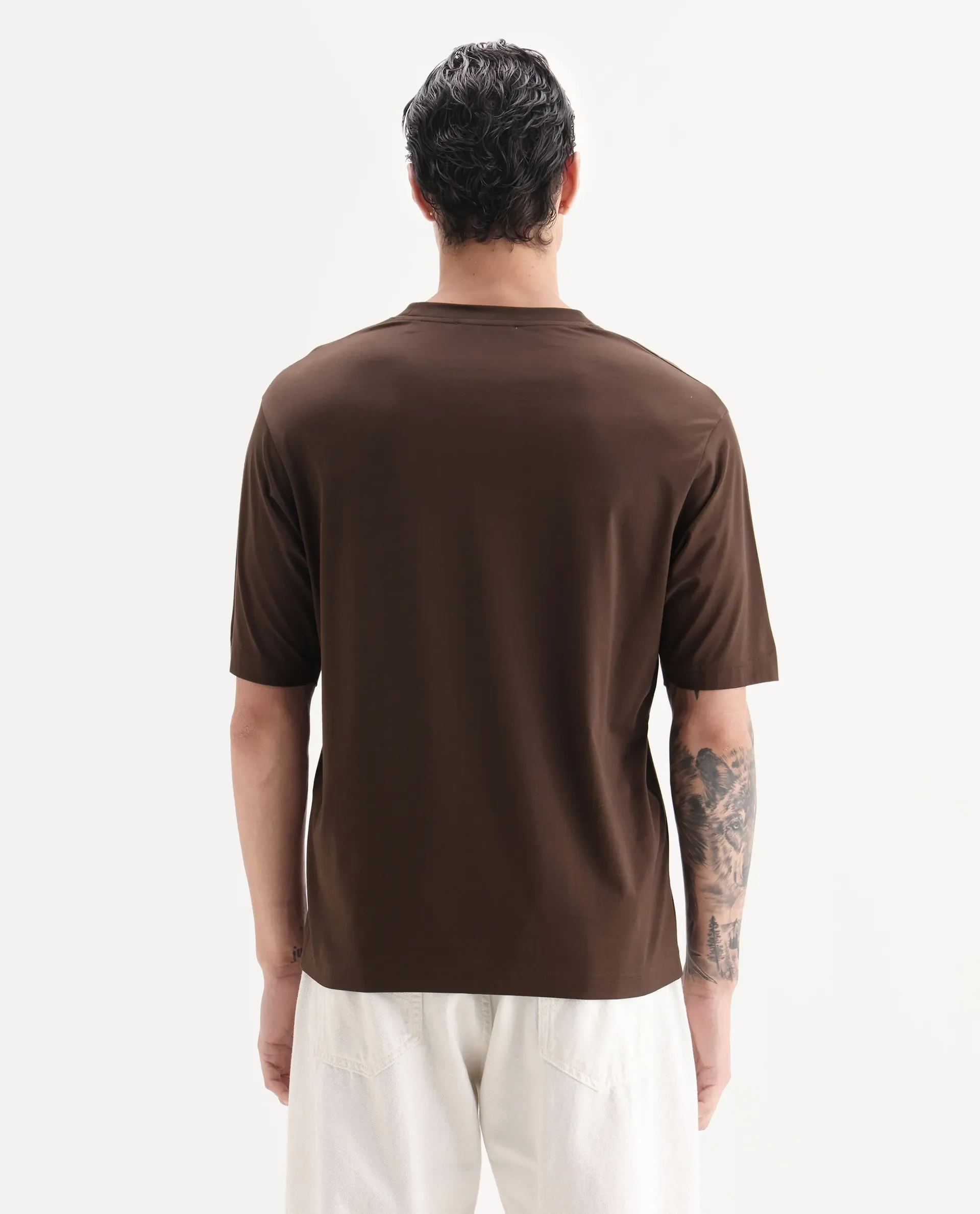 Rare Rabbit Men's Loi Dark Brown Cotton Fabric Hlaf Sleeve Crew Neck Label Print T-Shirt - Image 6