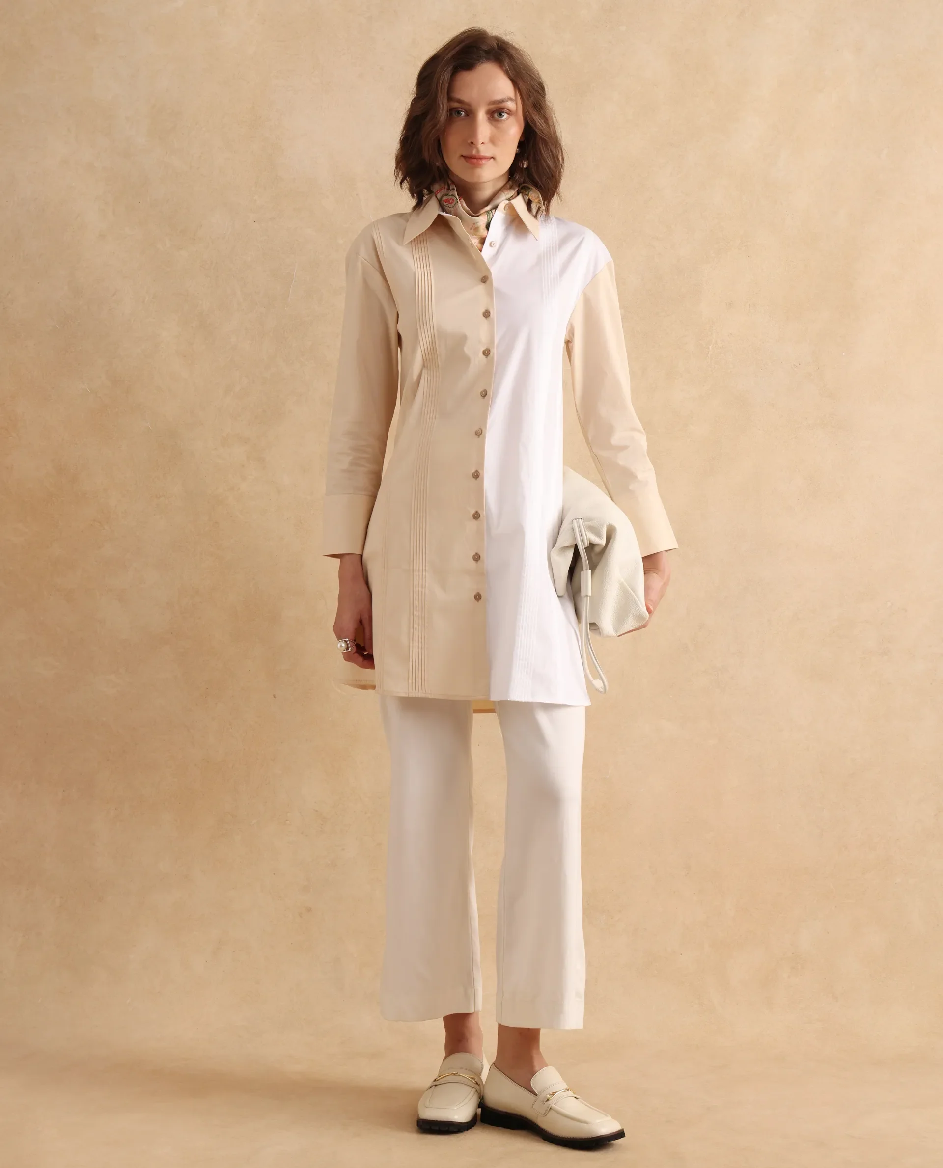 Rareism Women's Loibx White Cotton Spread Collar Color Block Cuffed Sleeve Mini Straight Fit Dress - Image 10