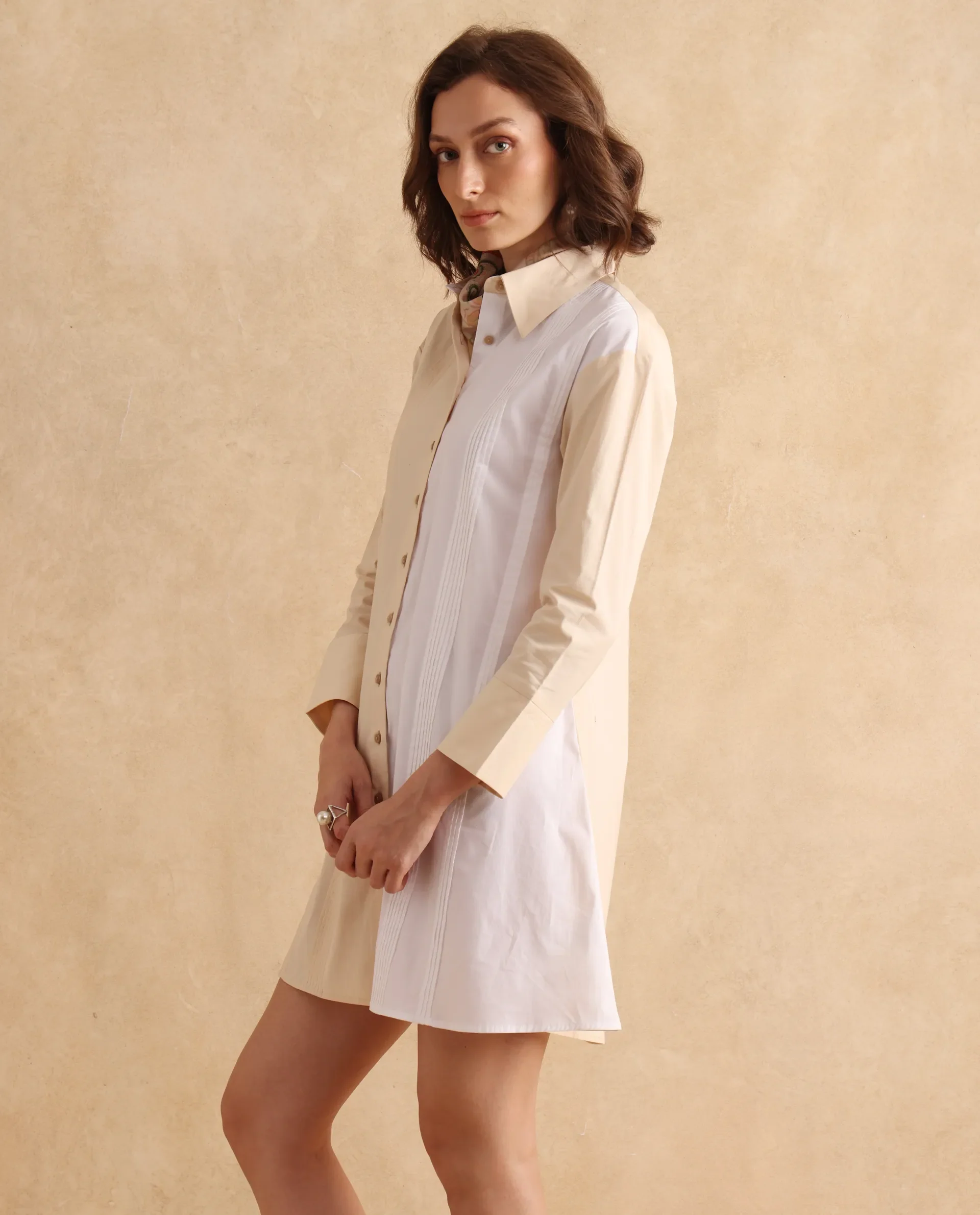 Rareism Women's Loibx White Cotton Spread Collar Color Block Cuffed Sleeve Mini Straight Fit Dress - Image 5