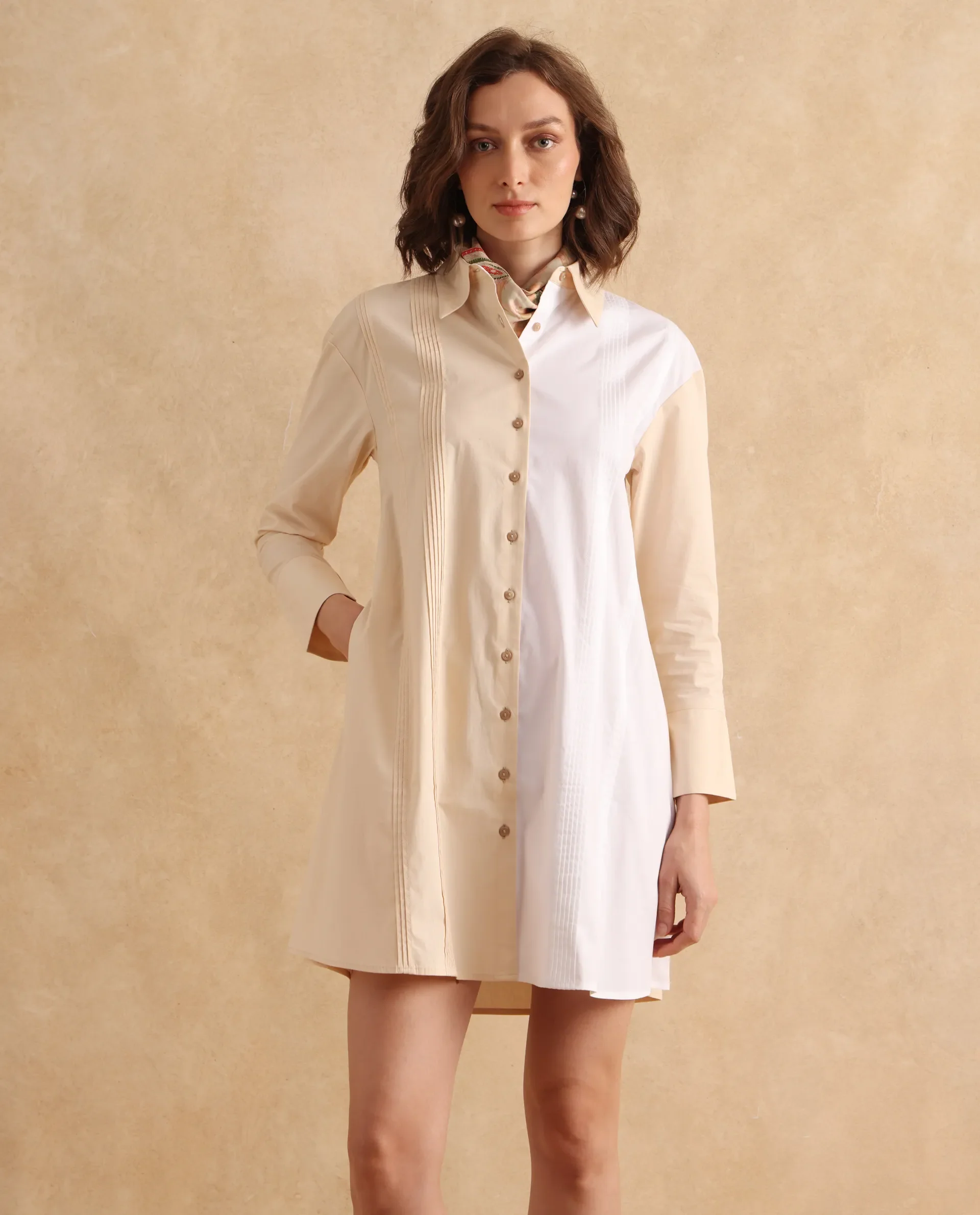 Rareism Women's Loibx White Cotton Spread Collar Color Block Cuffed Sleeve Mini Straight Fit Dress - Image 7