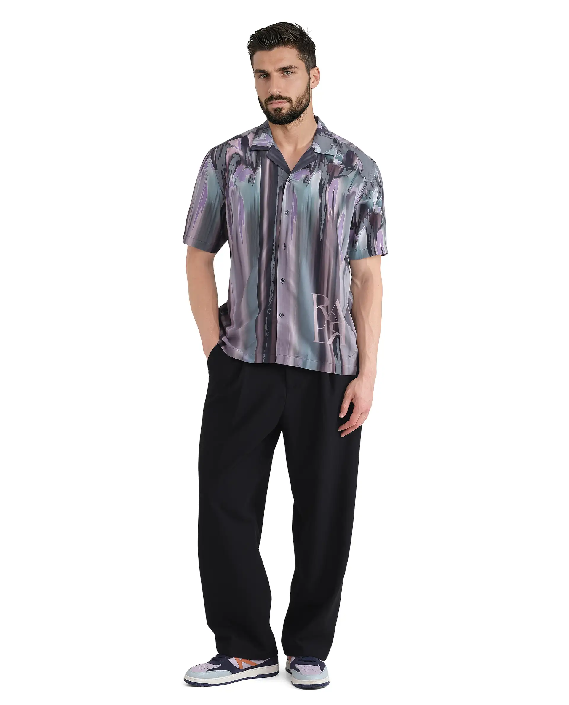 Rare Rabbit Men's Loid Black Viscose Abstract Print Boxy Fit Half Sleeve Cuban Collar Shirt - Image 2